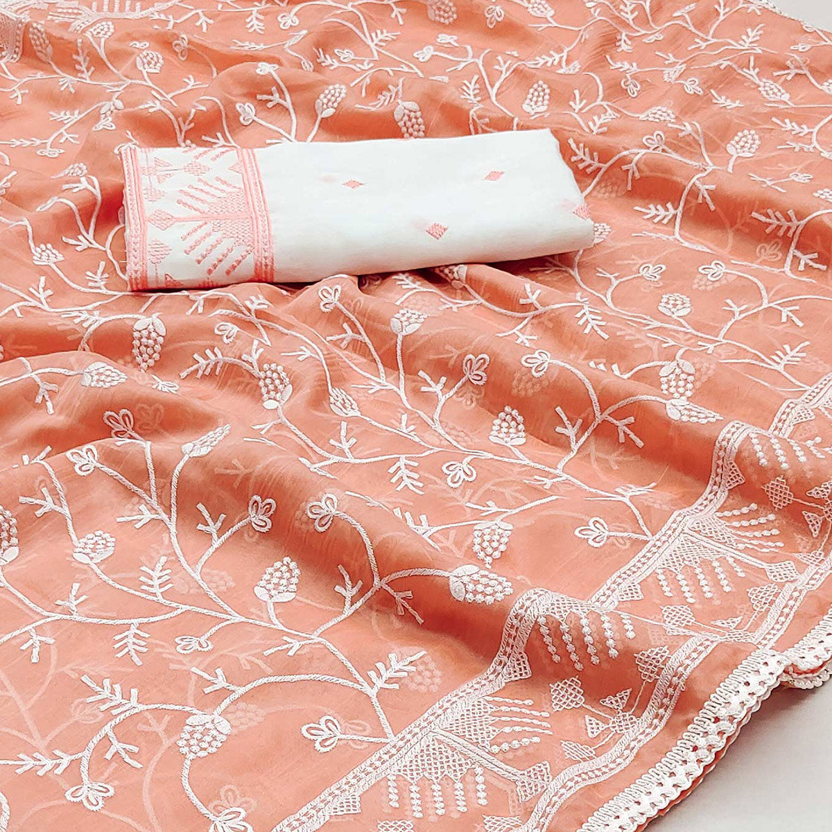 Light Orange Lucknowi Work Organza Saree