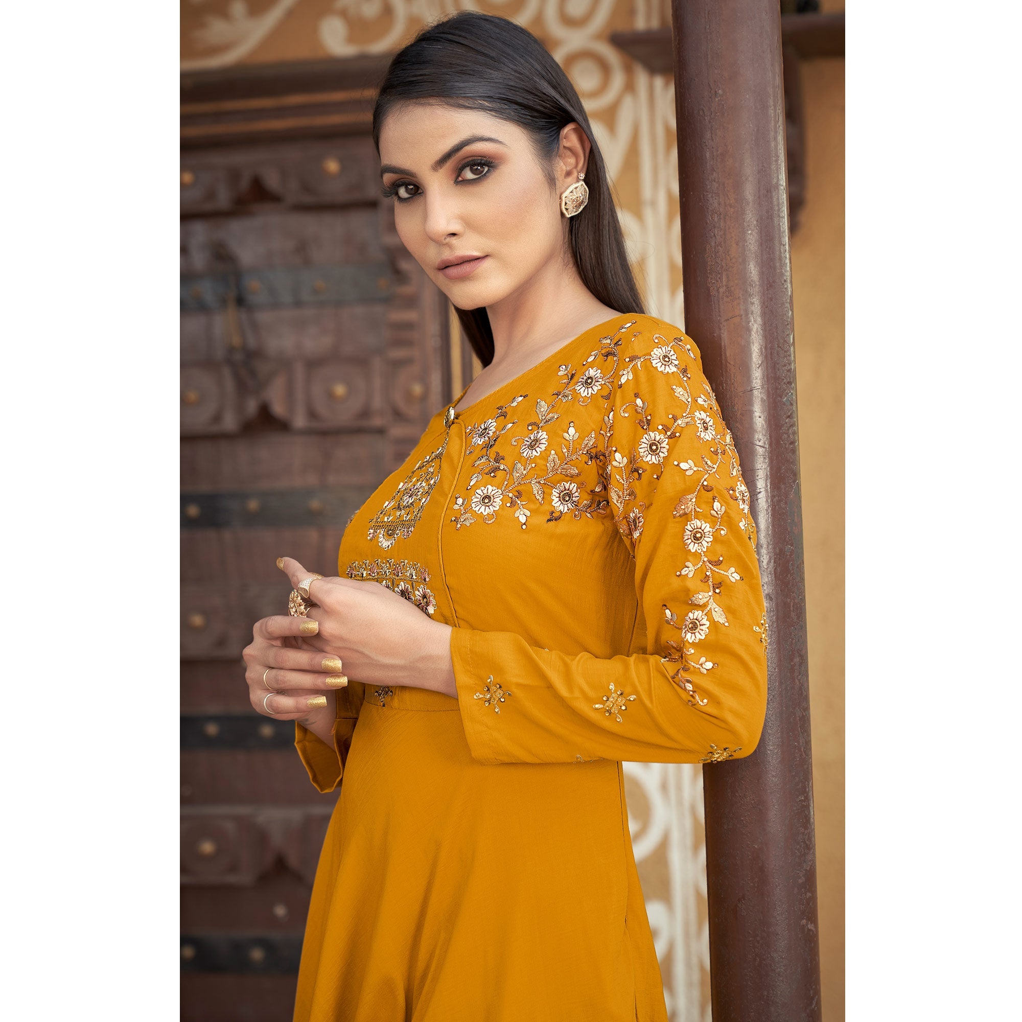 Mustard Floral Embroidered Muslin Gown - Image 1