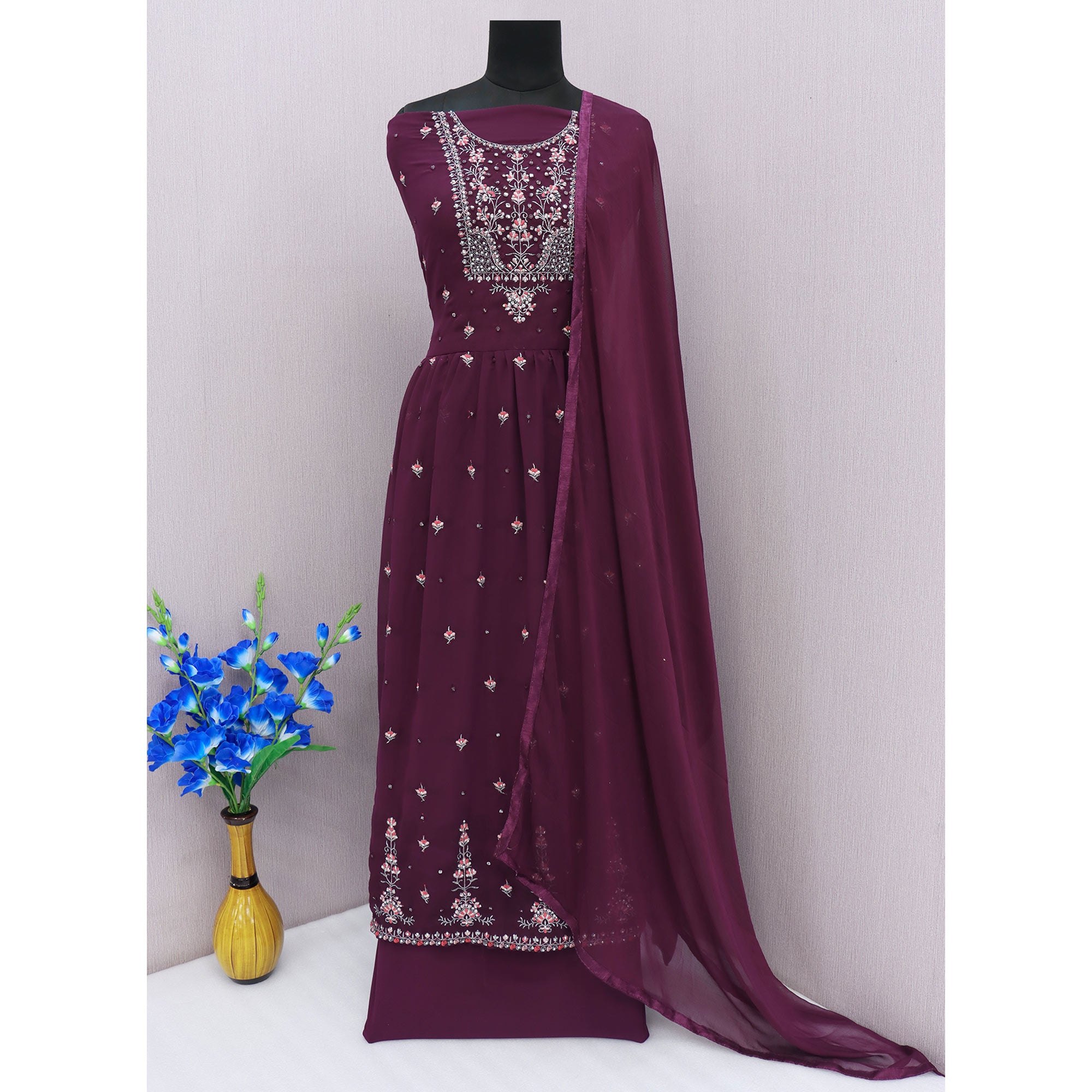 Purple Floral Embroidered Georgette Naira Cut Sharara Suit