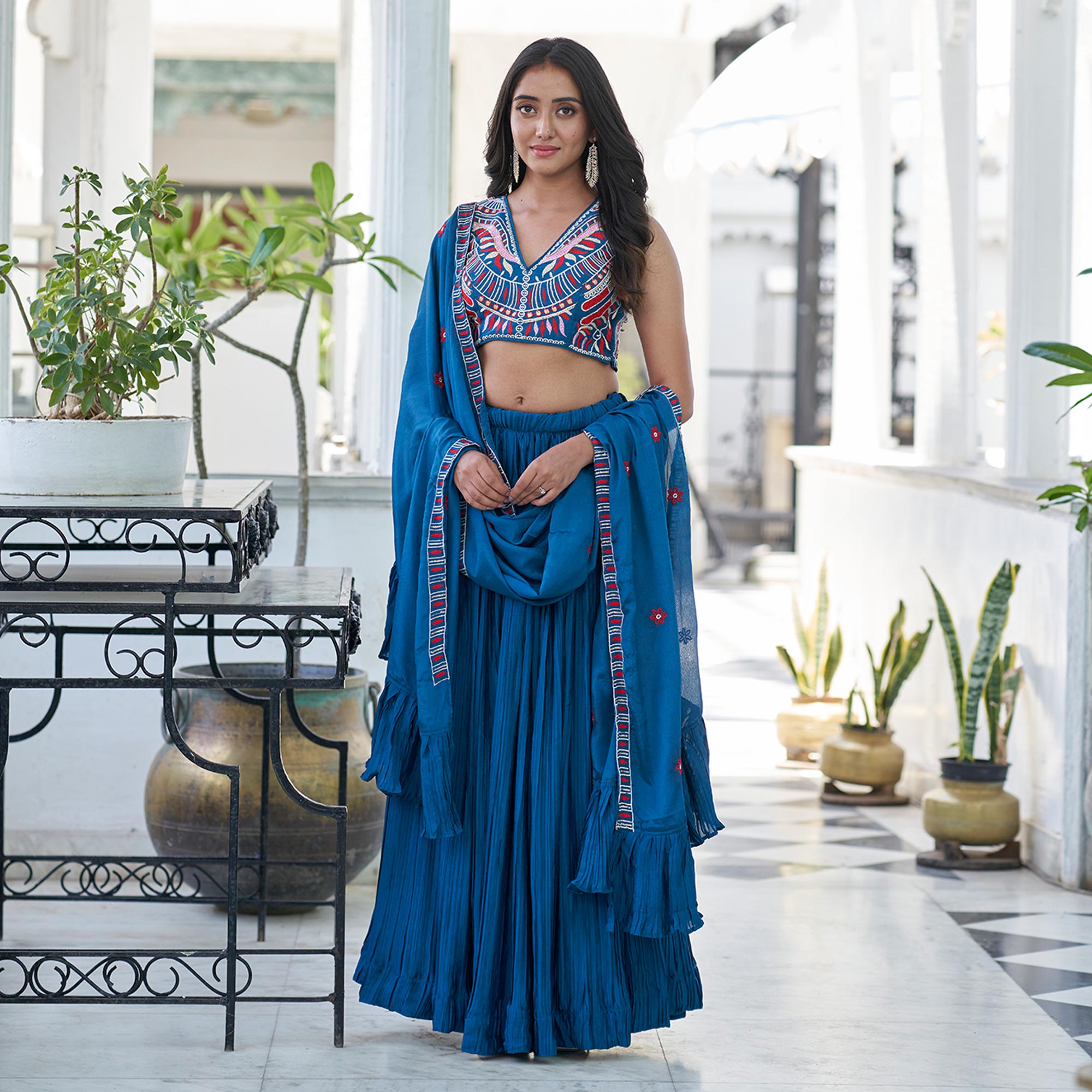 Blue Sequins Embroidered Chiffon Plated Lehenga Choli