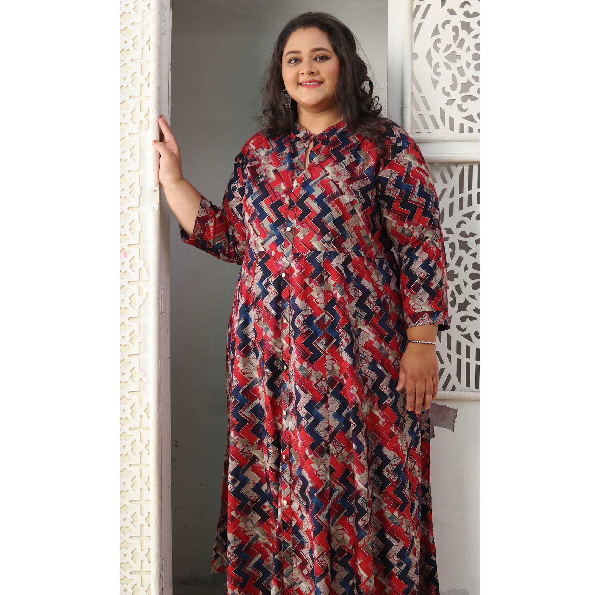 Red & Blue Geometric Strip Printed Rayon Long Kurti