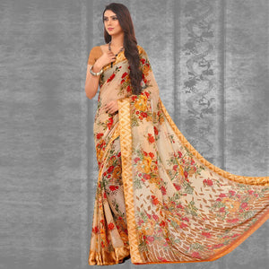 Beige Floral Printed Chiffon Saree