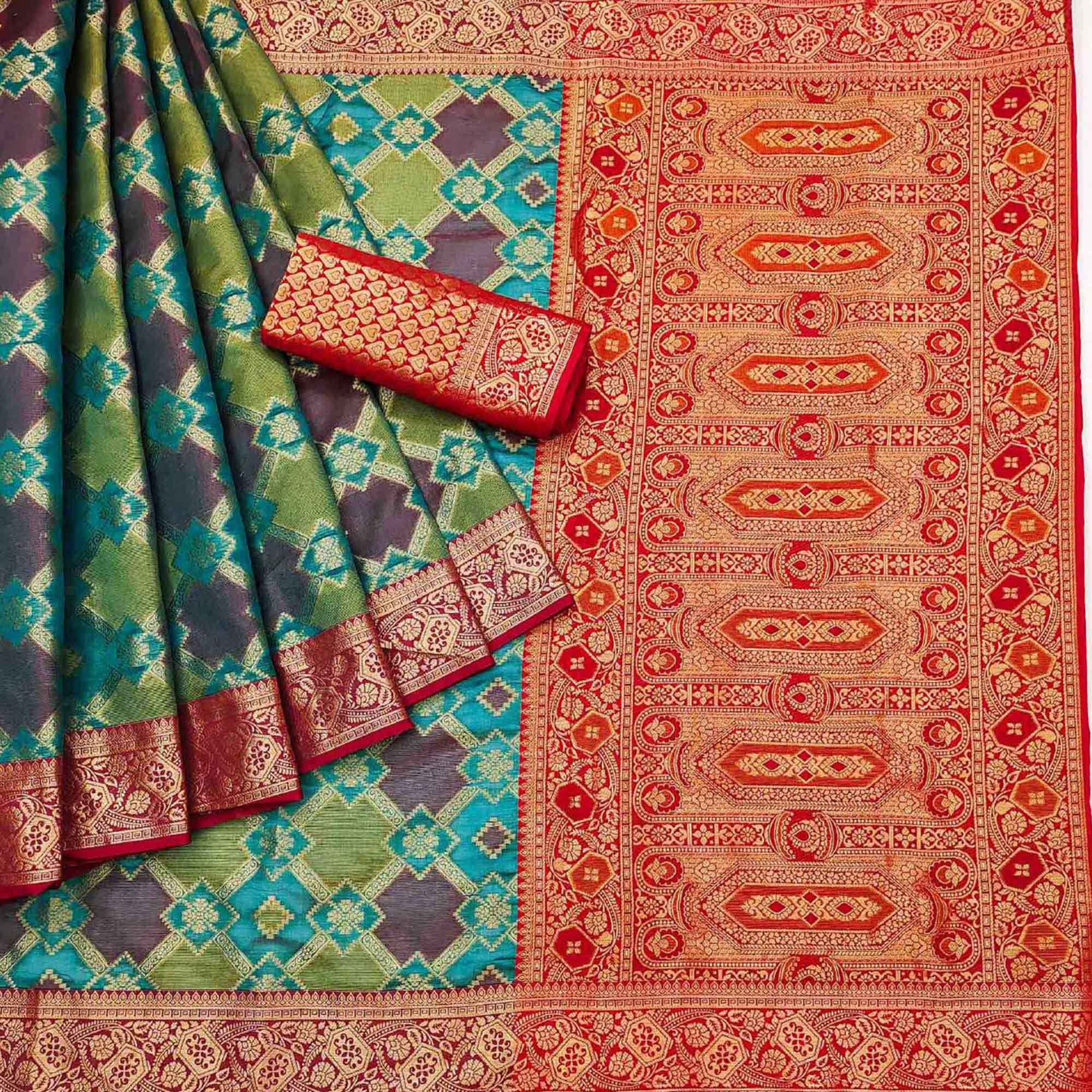 Multicolor Red Woven Cotton Silk Saree