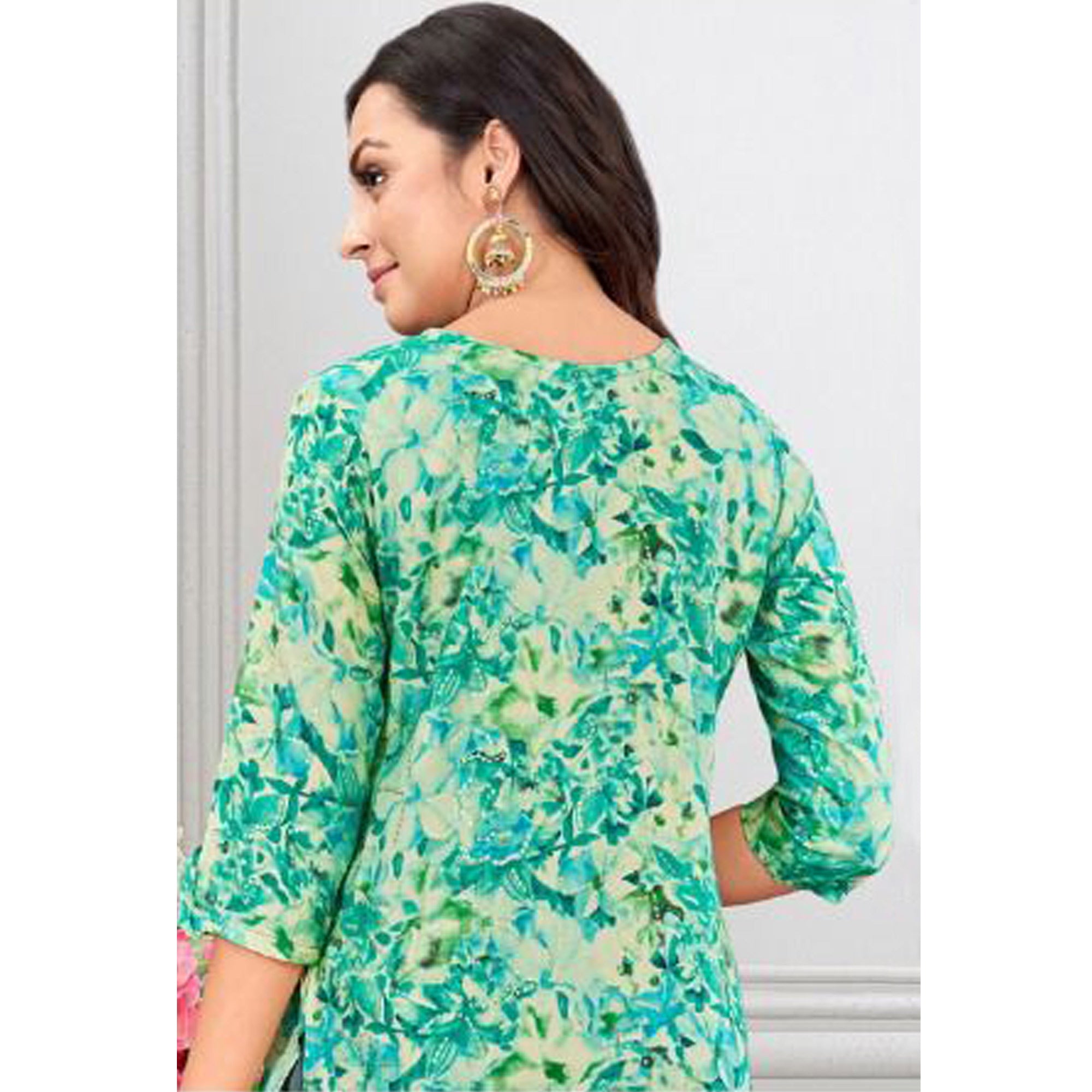 Turquoise Floral Foil Printed Rayon Kurti