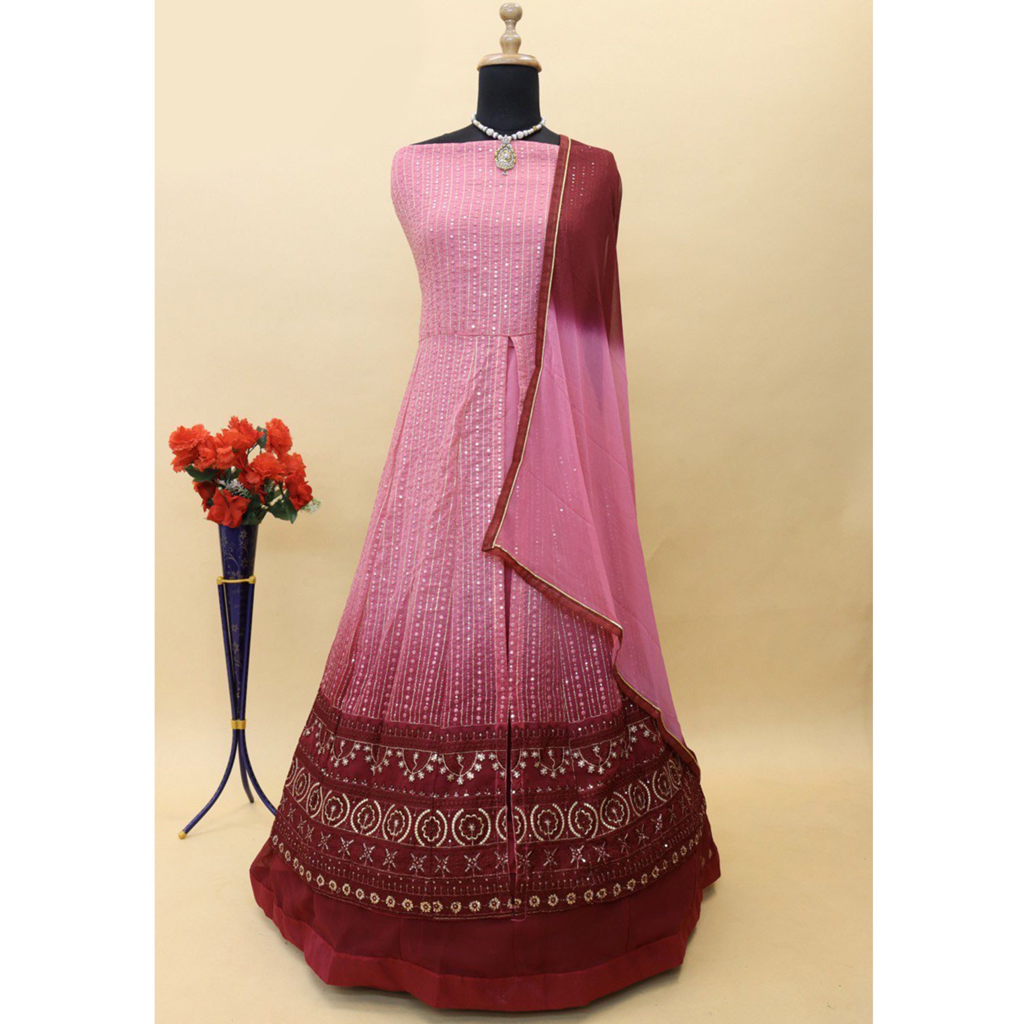 Pink Sequins Embroidered Georgette Front Slit Suit
