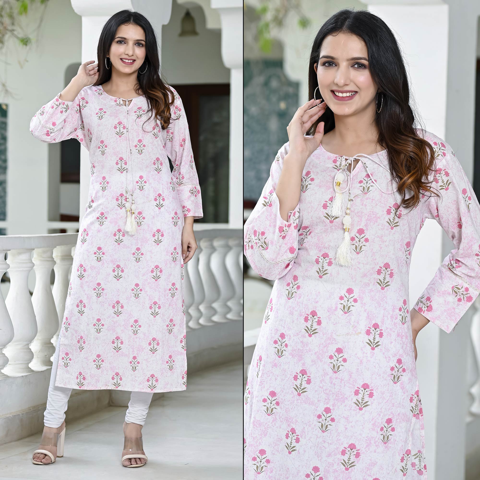 Pink Floral Printed Pure Cotton Long Kurti