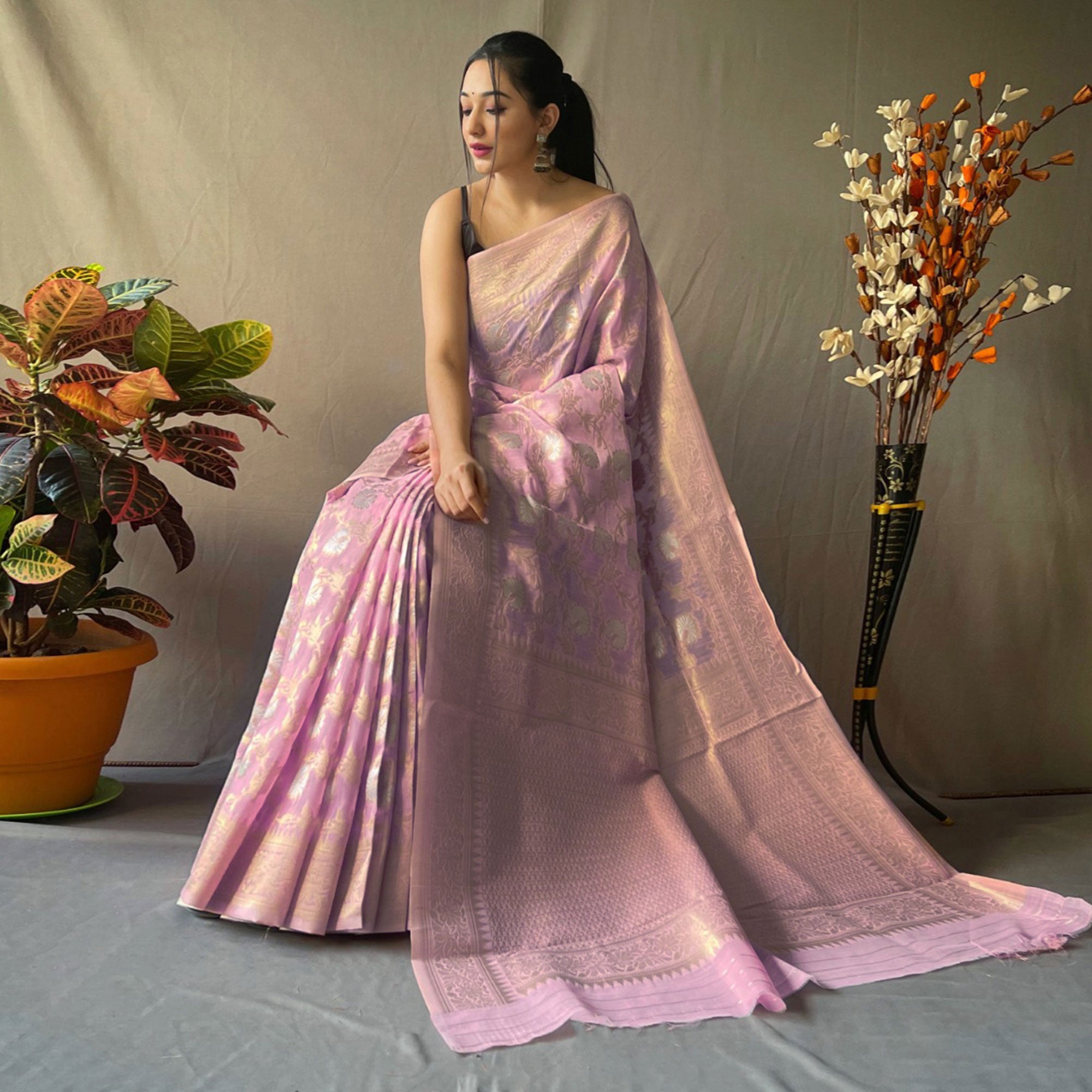 Pink Floral Woven Linen Saree