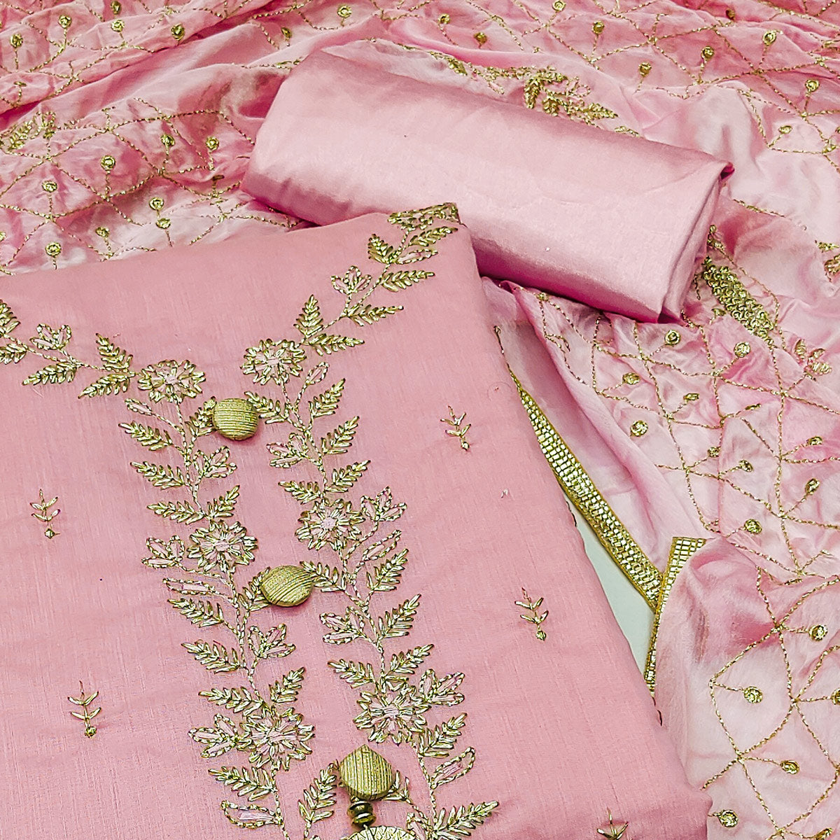 Pink Embroidered Chanderi Dress Material