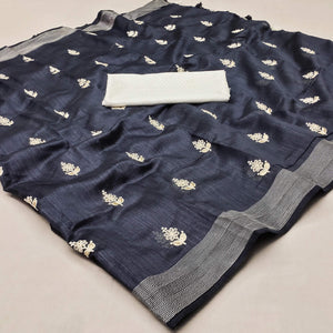 Black Floral Embroidered Cotton Blend Saree