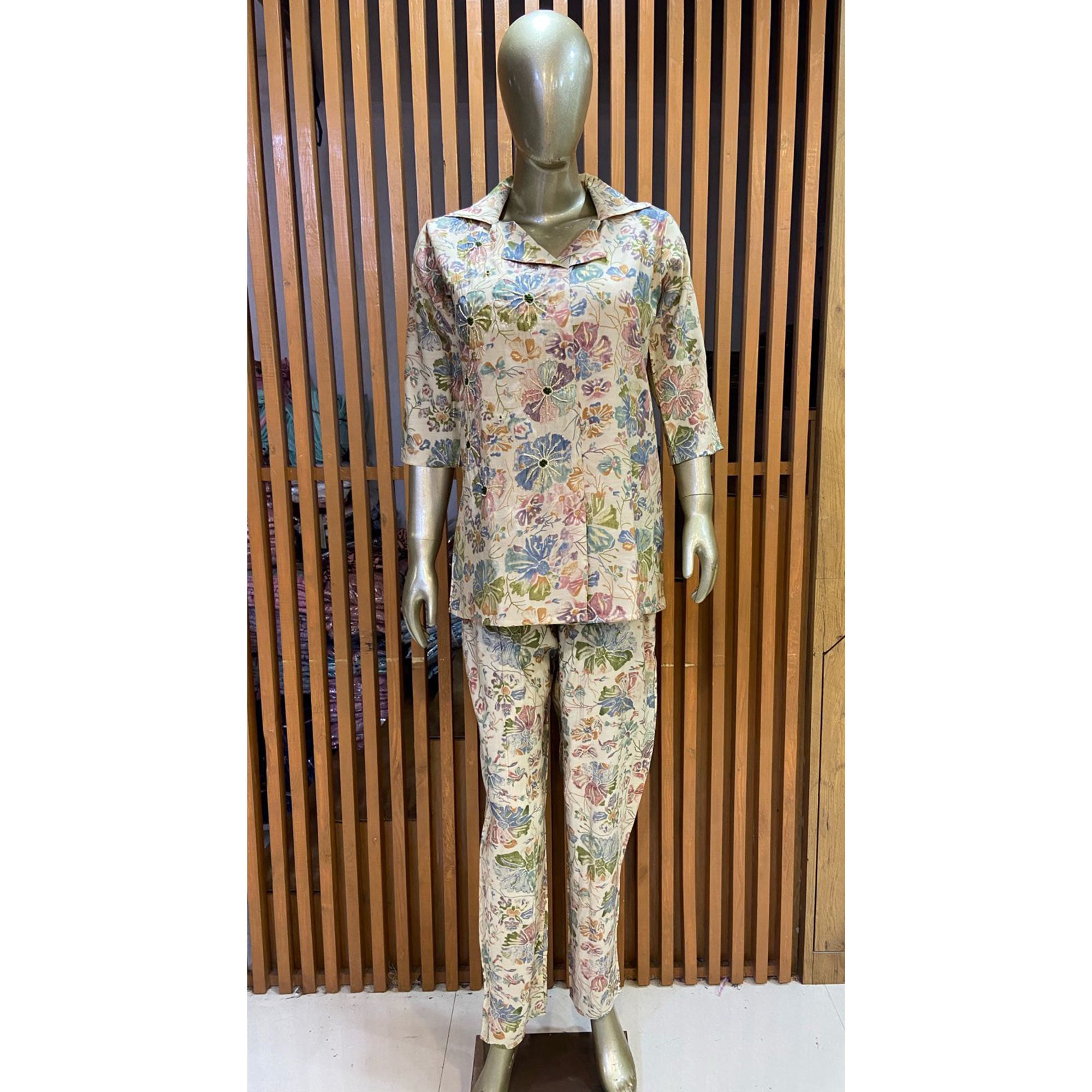 Cream Floral Printed Muslin Co Ord Set