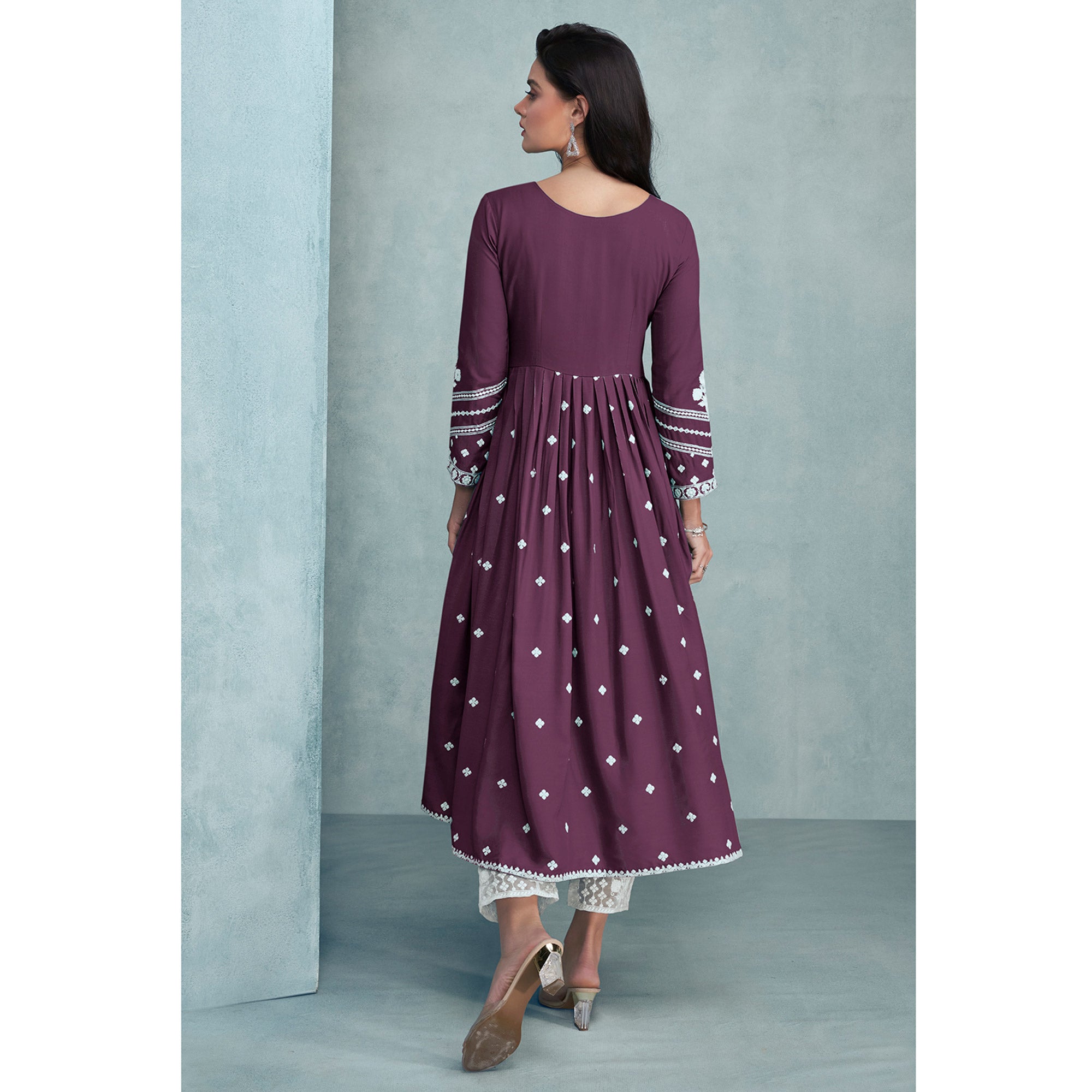 Wine Lucknowi Work Rayon Naira Cut Suit