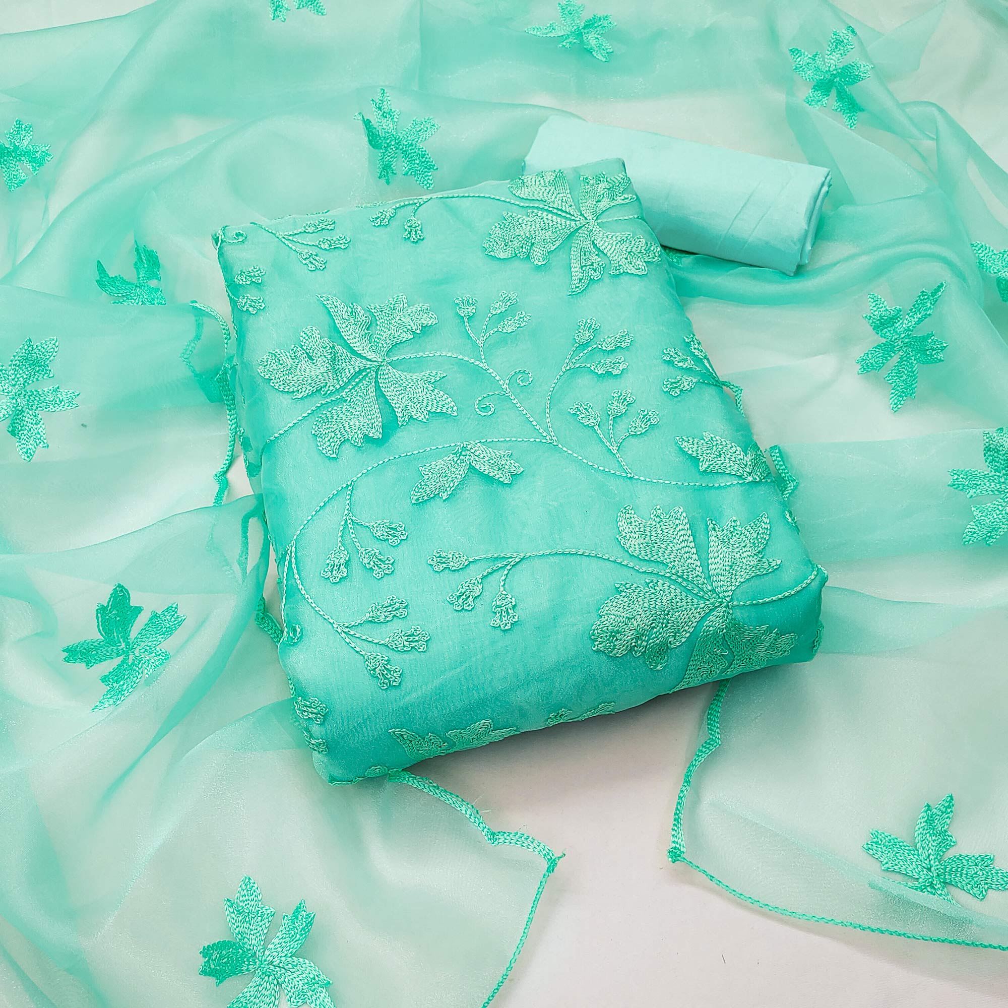 Turquoise Floral Embroidered Organza Dress Material