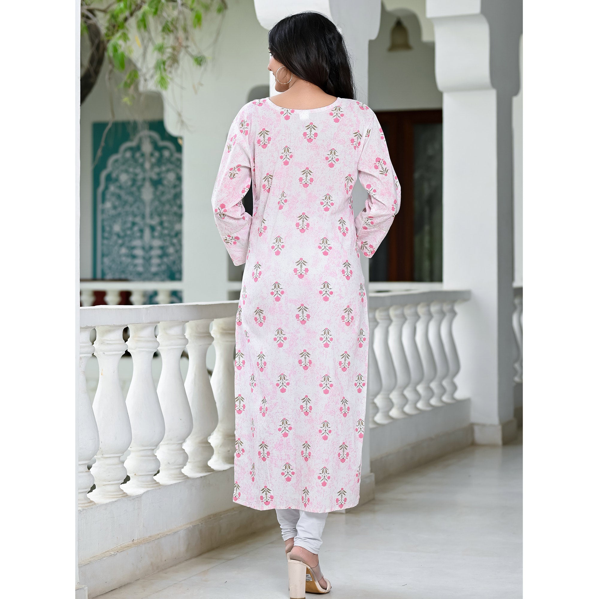 Pink Floral Printed Pure Cotton Long Kurti