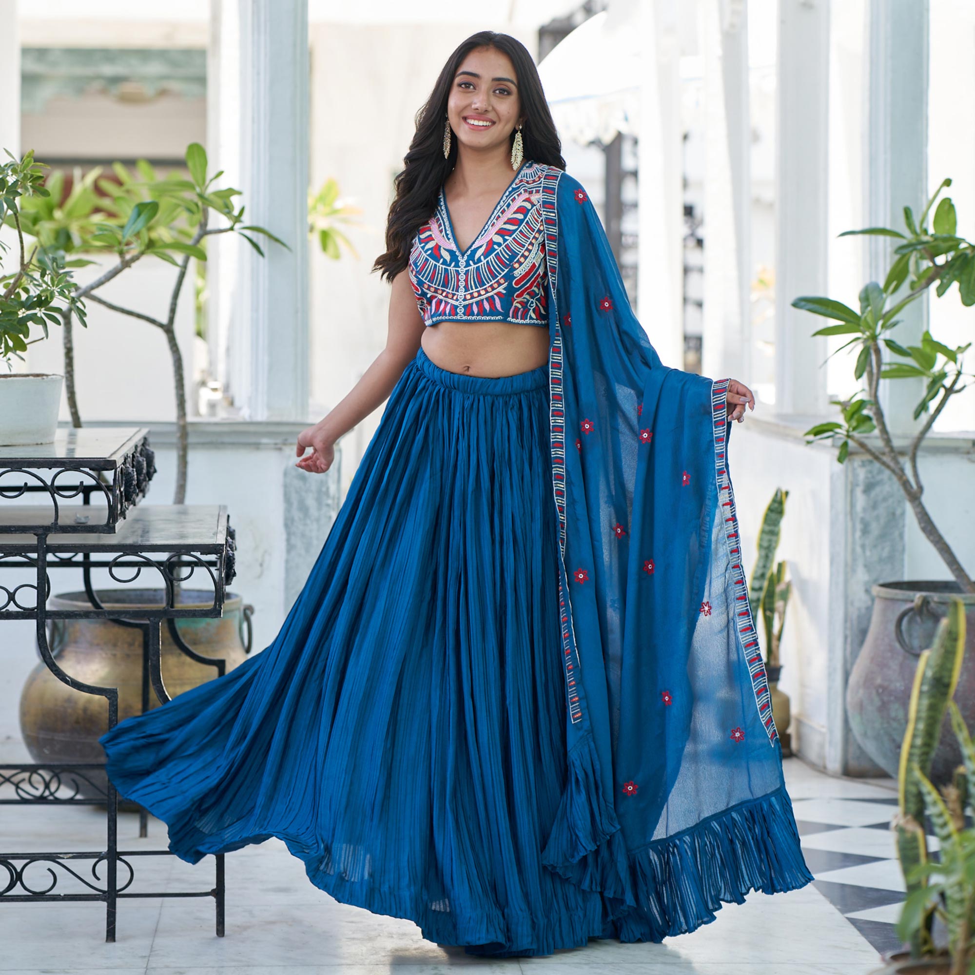Blue Sequins Embroidered Chiffon Plated Lehenga Choli