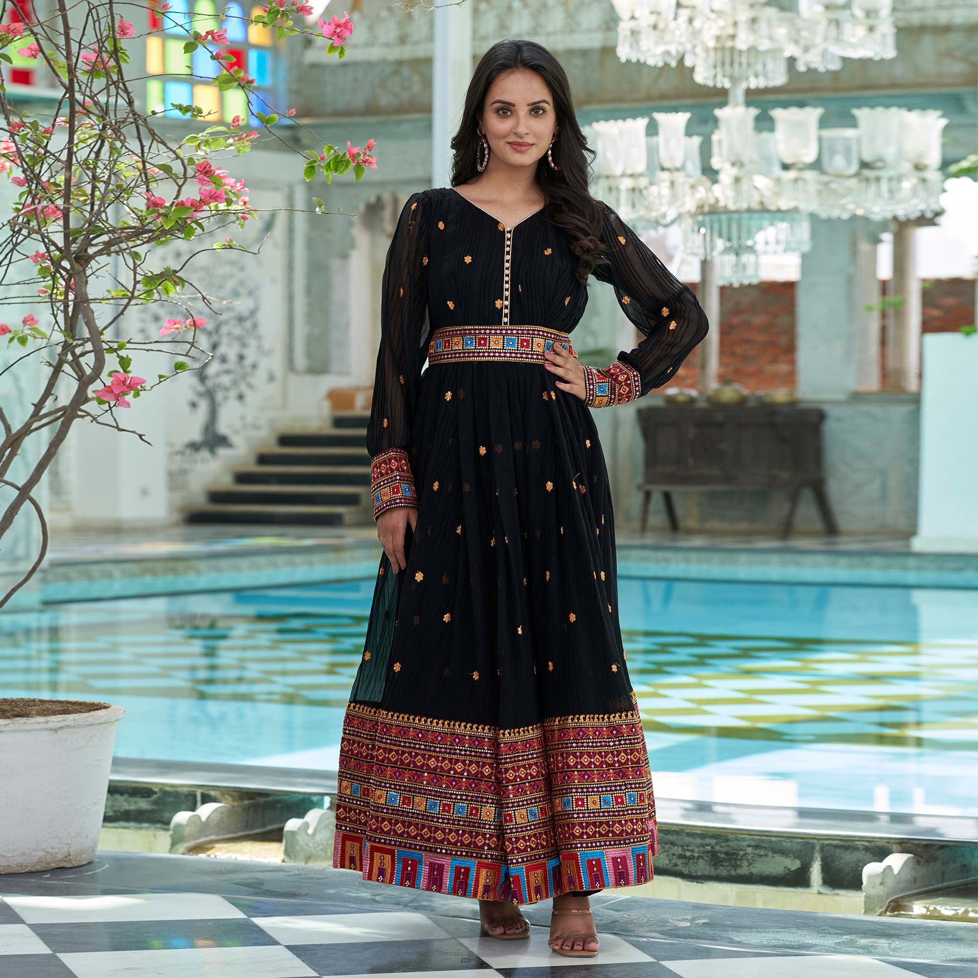 Black Floral Embroidered And Mirror Work Georgette Gown