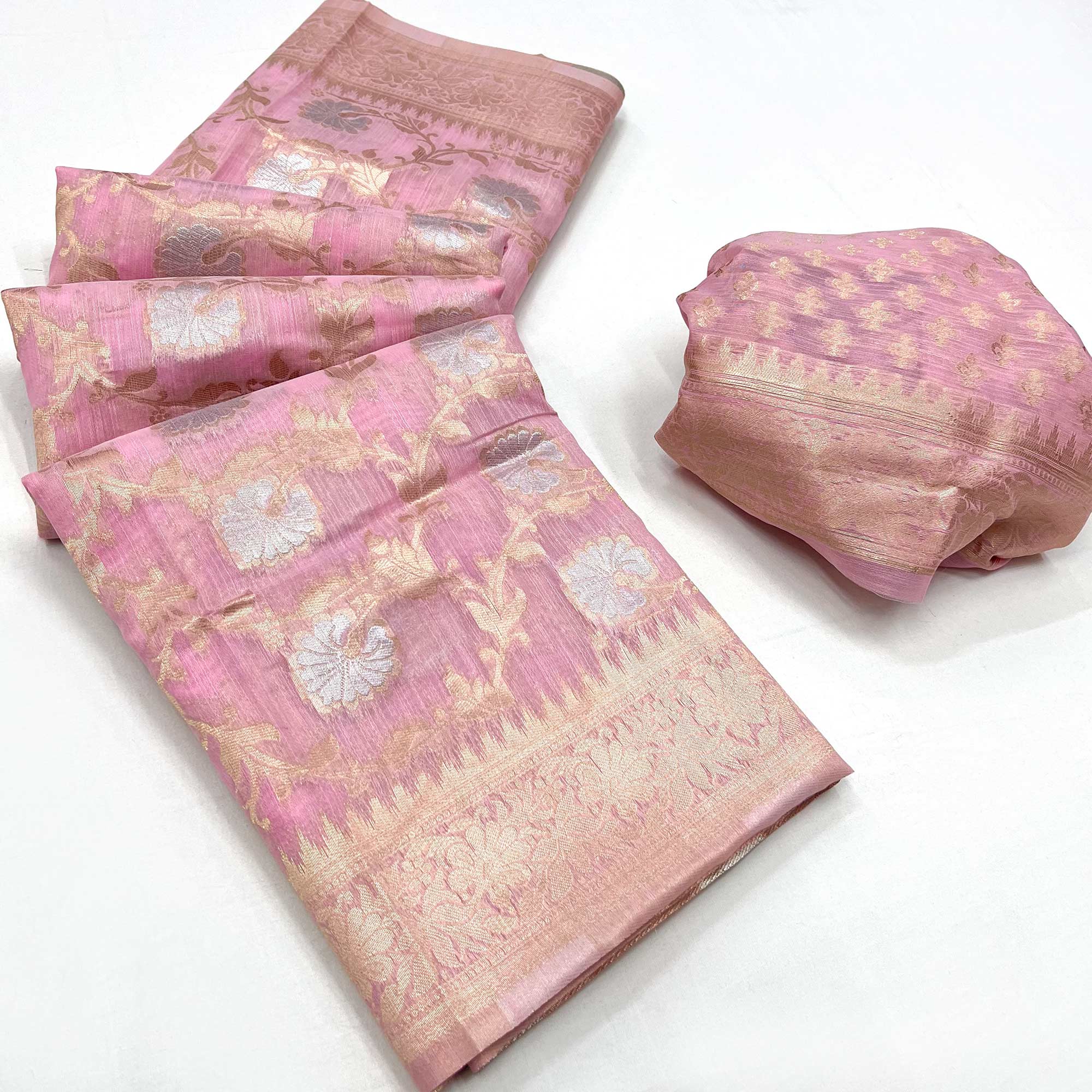 Pink Floral Woven Linen Saree