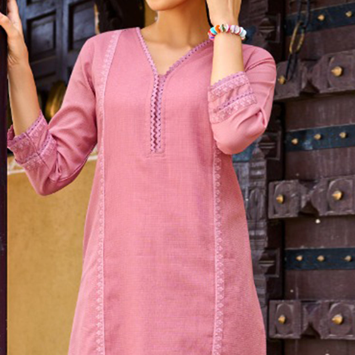 Pink Embroidered Pure Cotton Kurti