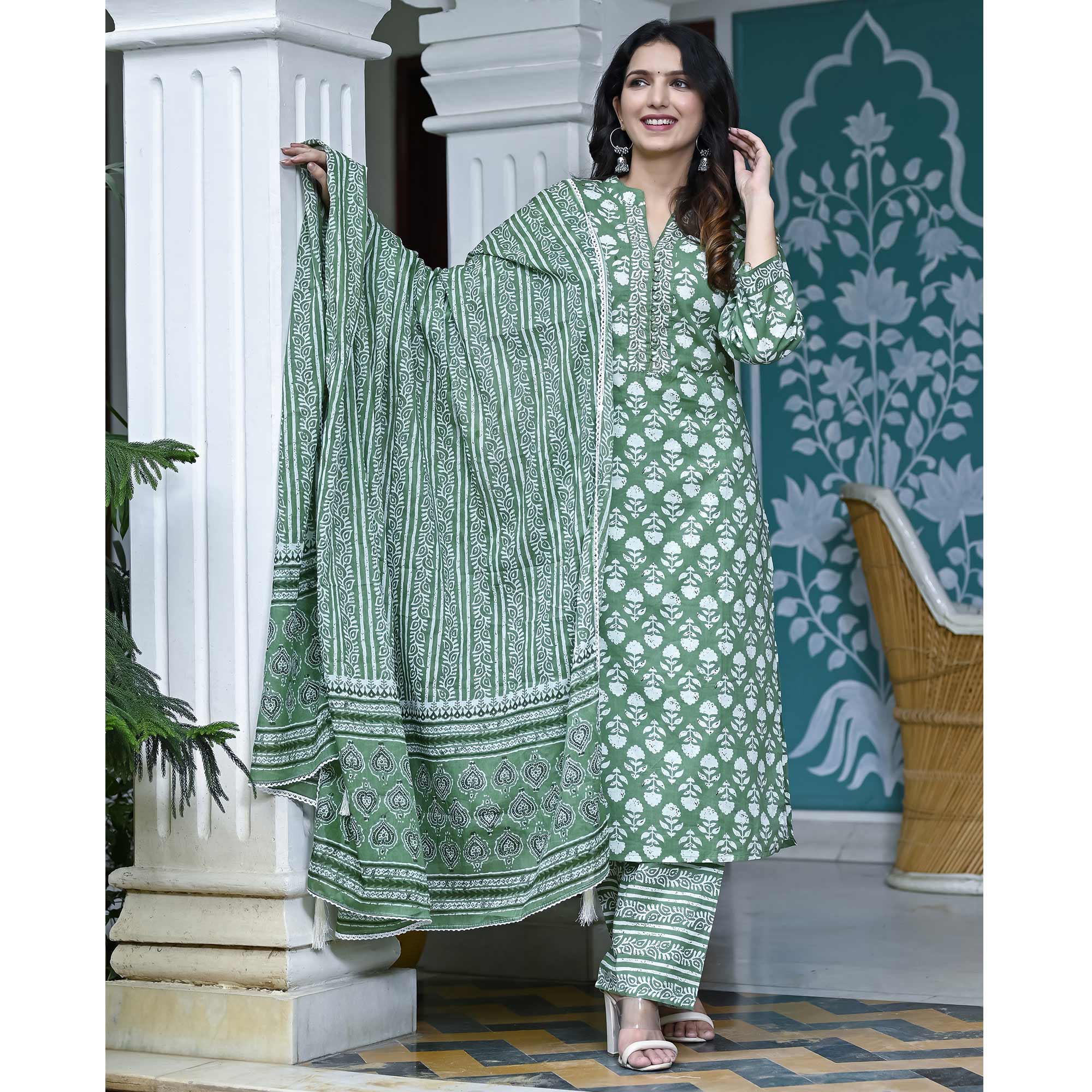 Green Floral Printed Pure Cotton Suit