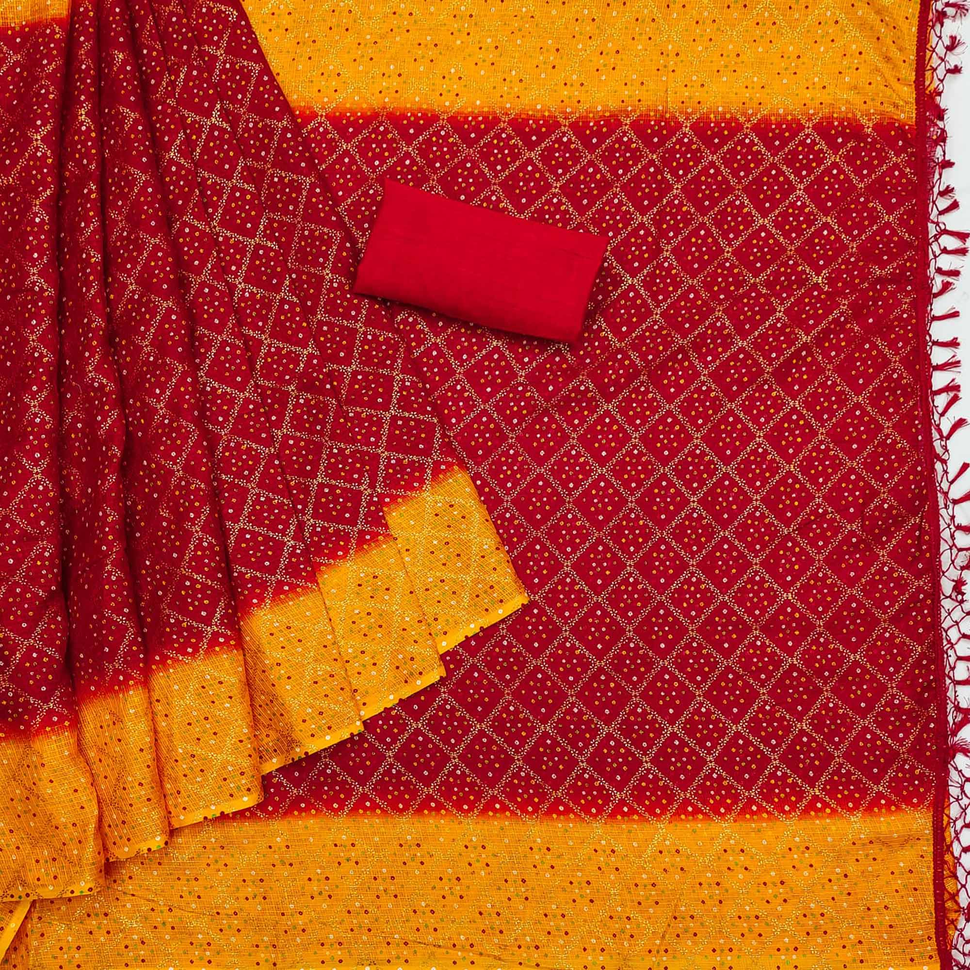 Red & Yellow Foil Printed Kota Doria Saree