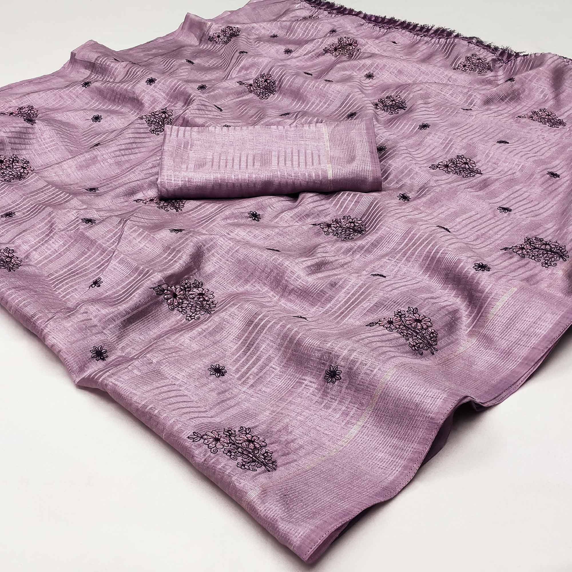 Purple Floral Embroidered Art Silk Saree