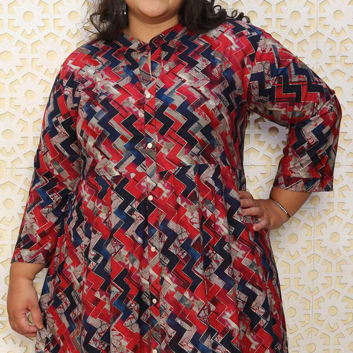 Red & Blue Geometric Strip Printed Rayon Long Kurti