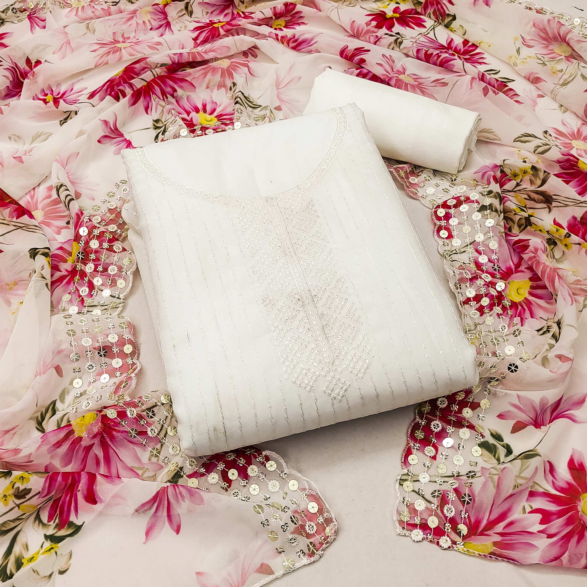 White Sequins Embroidered Georgette Dress Material