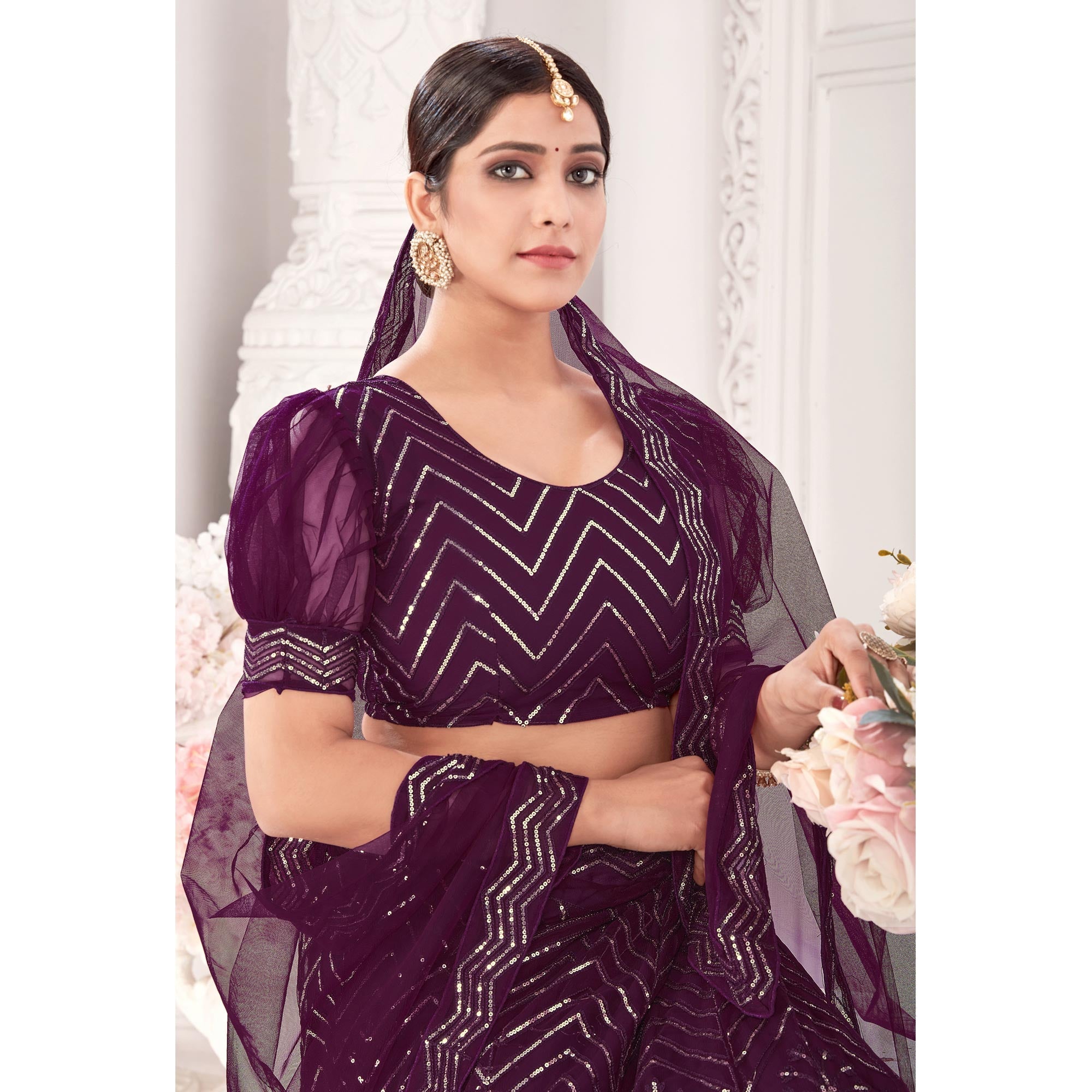 Wine Sequins Embroidered Netted Lehenga Choli - Image 2