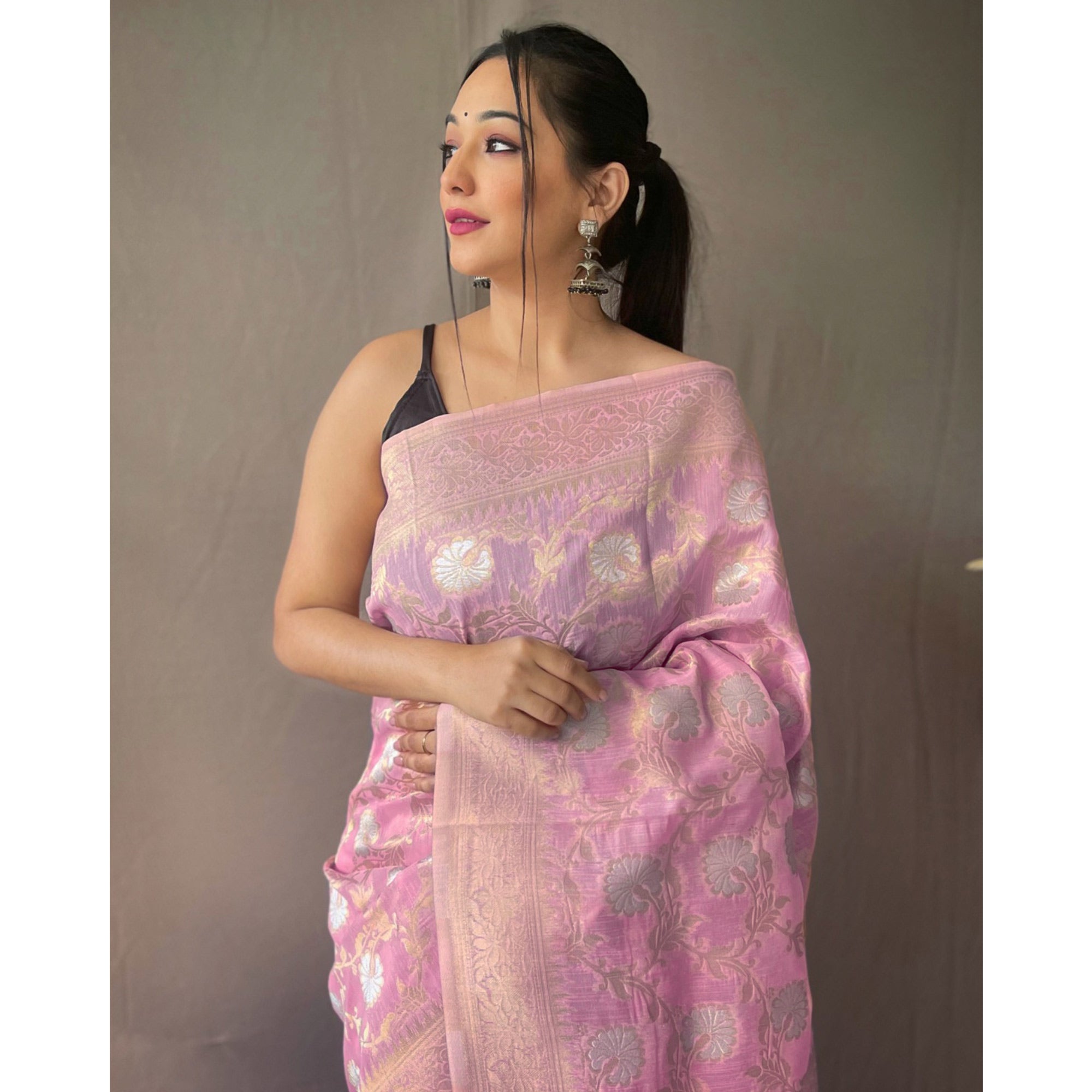 Pink Floral Woven Linen Saree