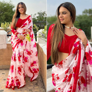 White & Red Digital Printed Cotton Silk Saree
