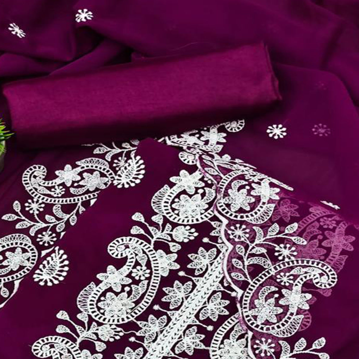 Wine Embroidered Georgette Dress Material