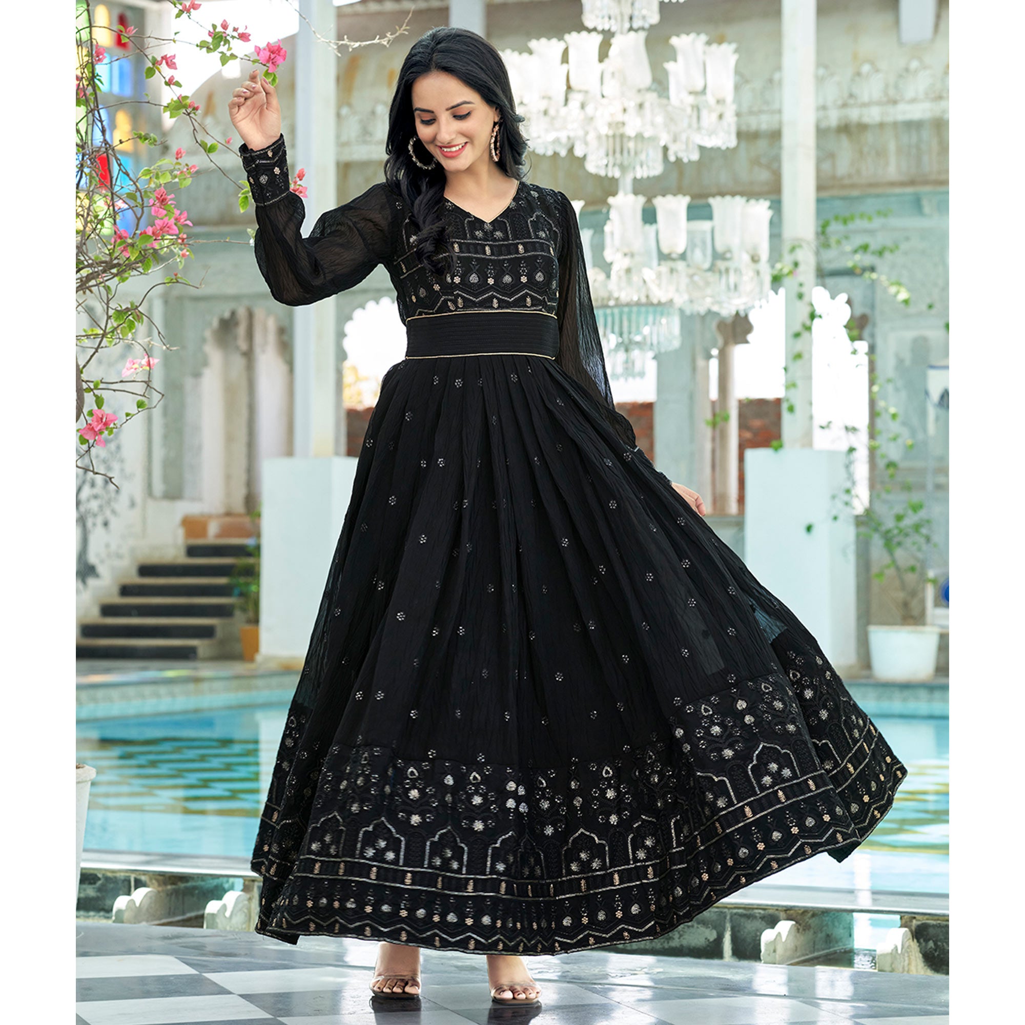 Black Sequins Embroidered Georgette Gown