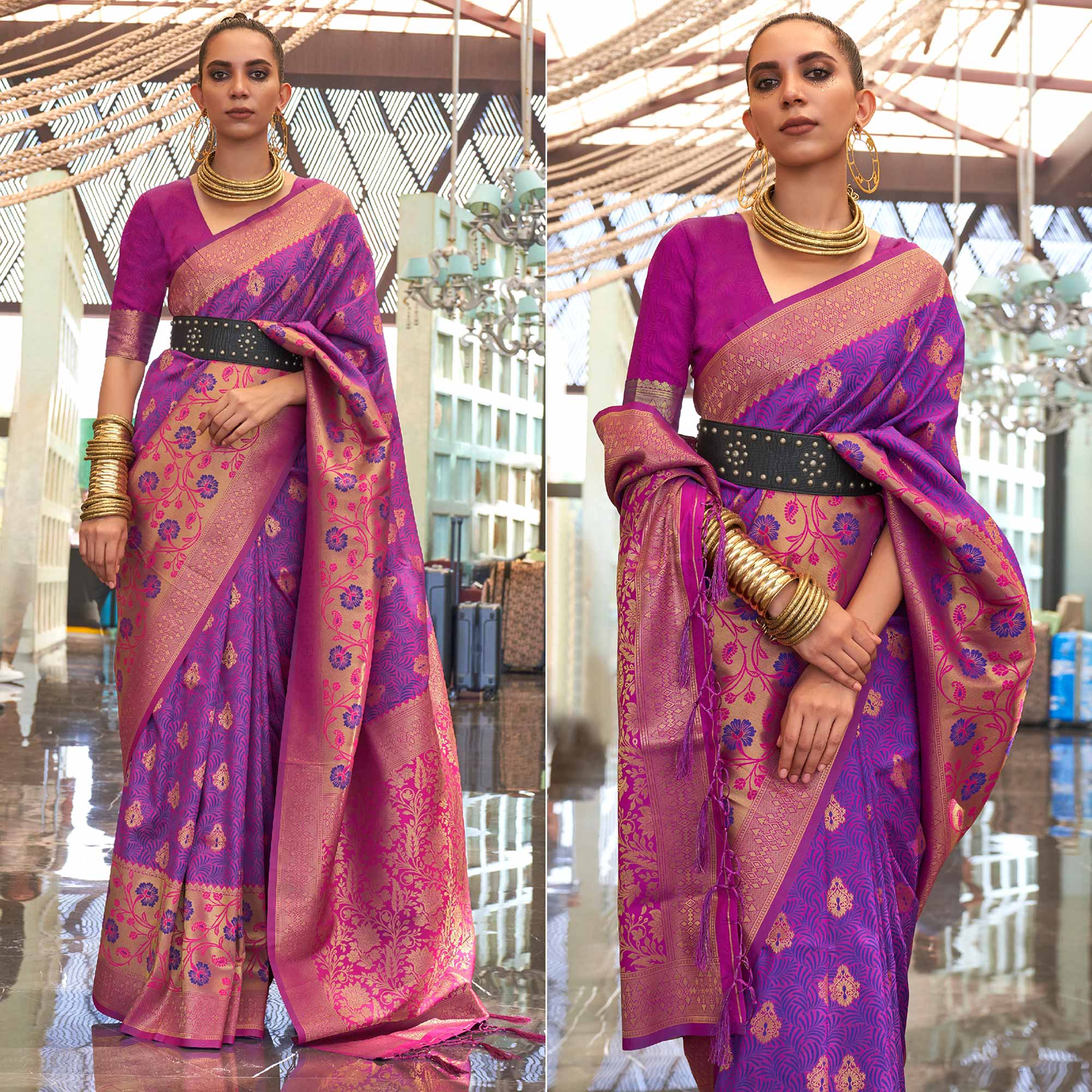 Violet Floral Woven Art Silk Saree With Tassels