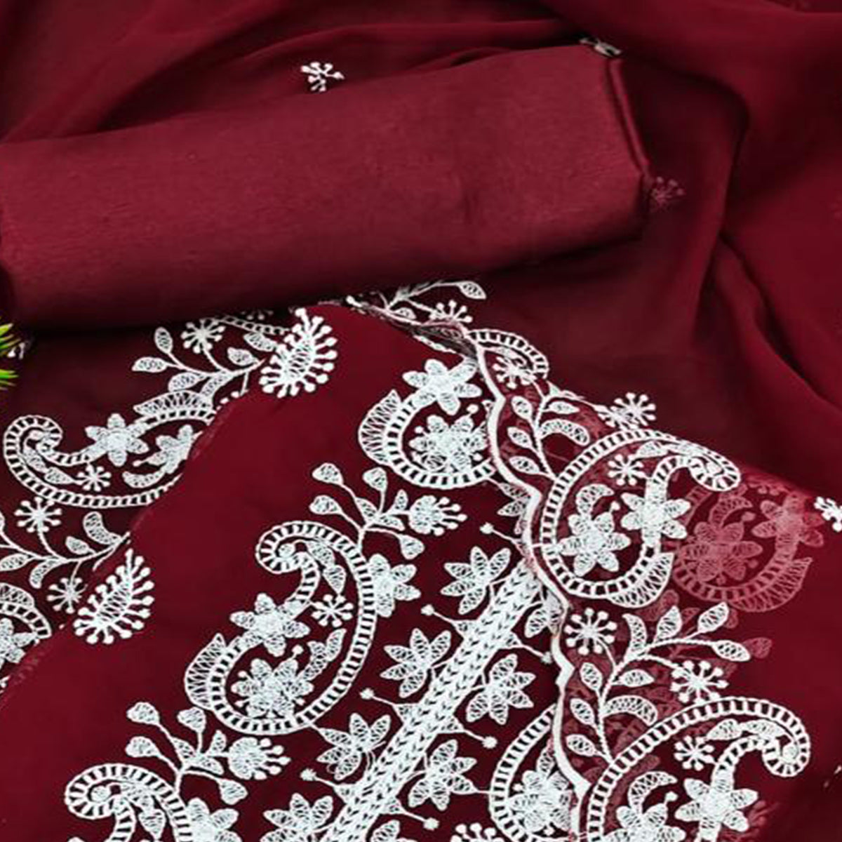 Maroon Embroidered Georgette Dress Material
