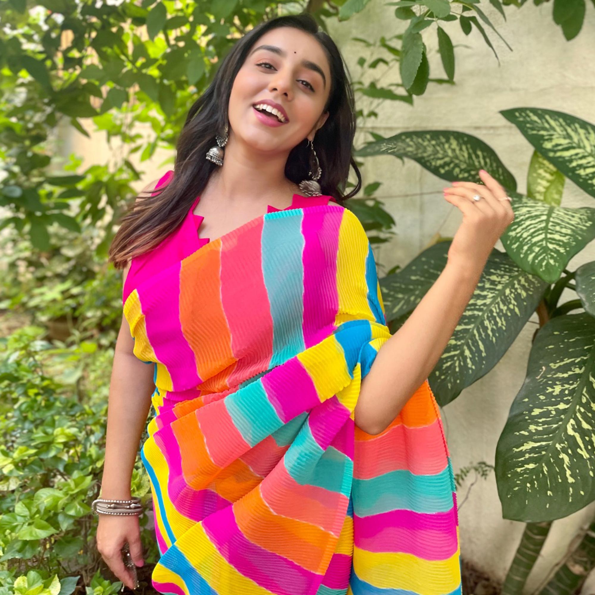 Multicolor Striped Printed Crush Georgette Saree