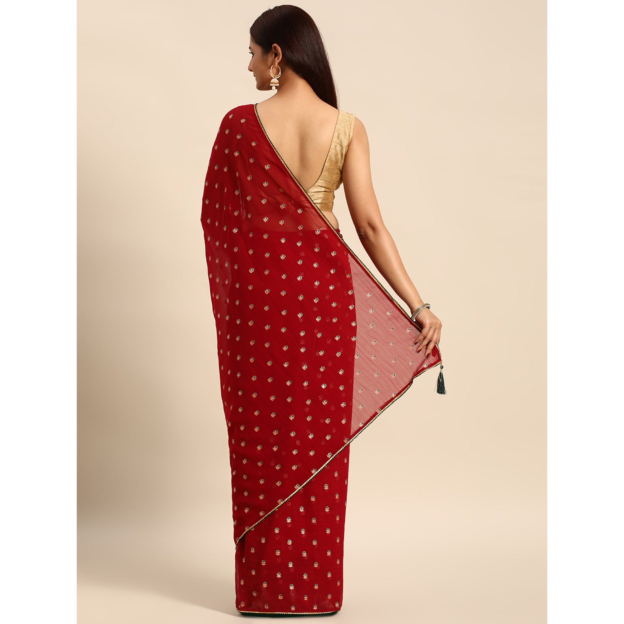 Maroon Embroidered Chiffon Saree