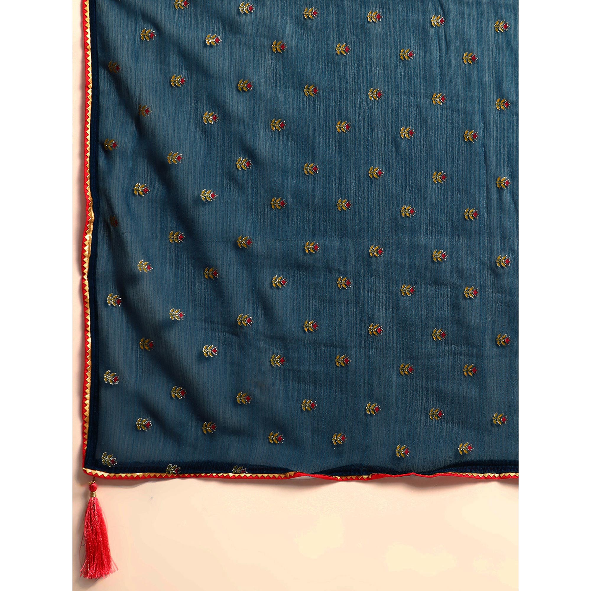 Teal Blue Embroidered Chiffon Saree