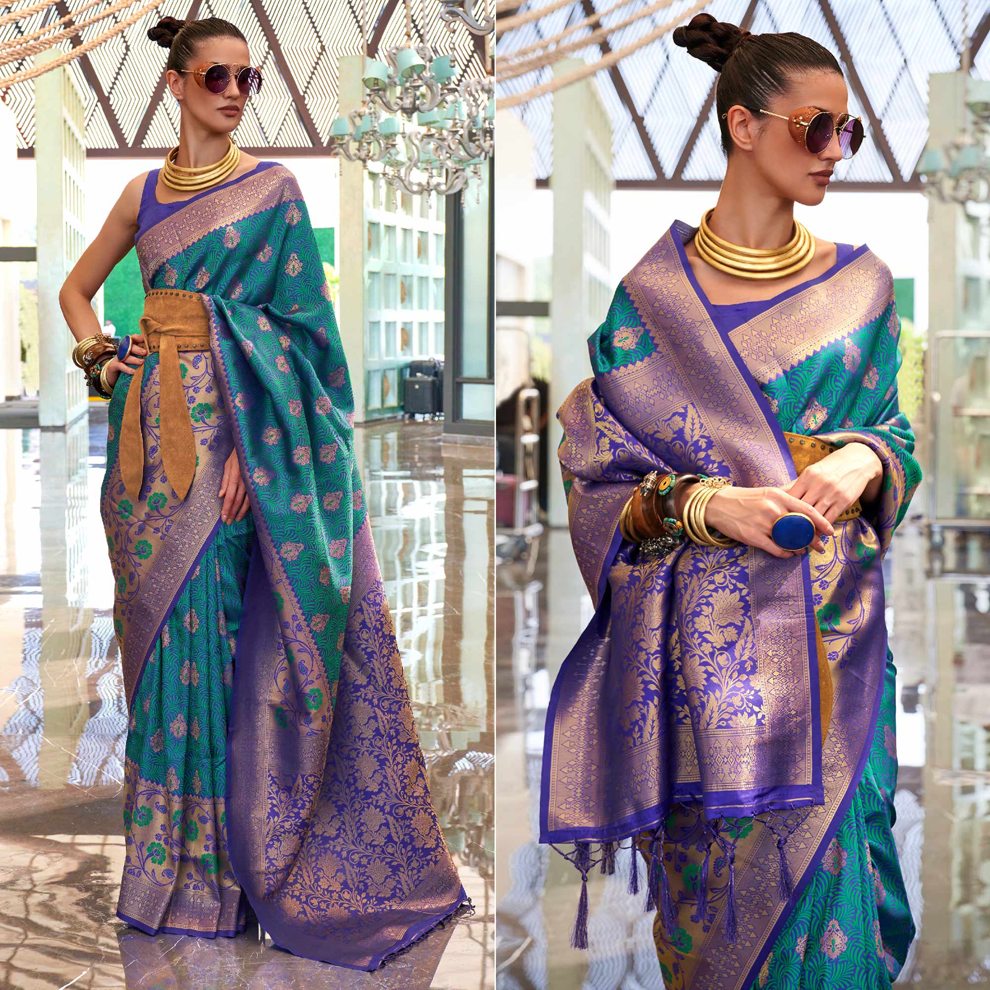 Blue Floral Woven Art Silk Saree With Tassels