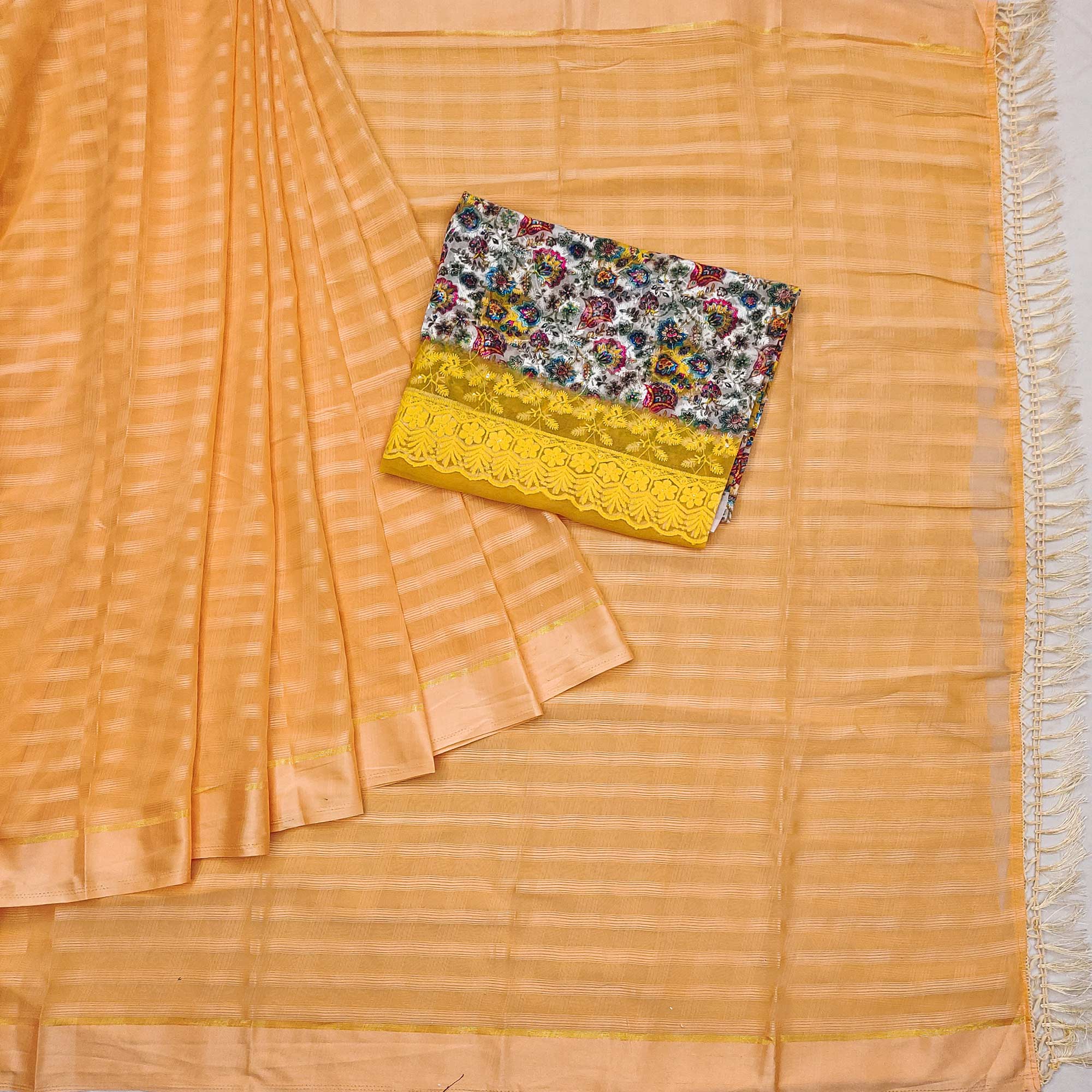 Orange Checks Pattern Satin Saree