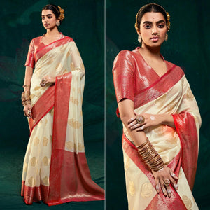 Off White Floral Woven Organza Saree