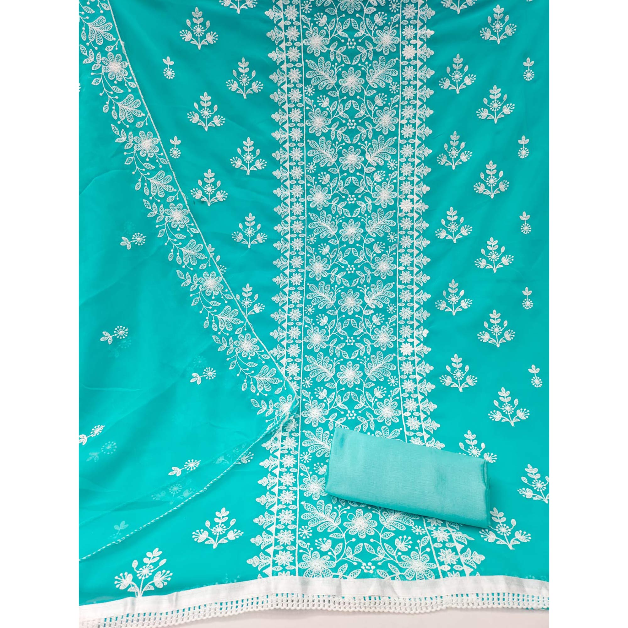 Turquoise Floral Embroidered Georgette Salwar Suit - Image 3