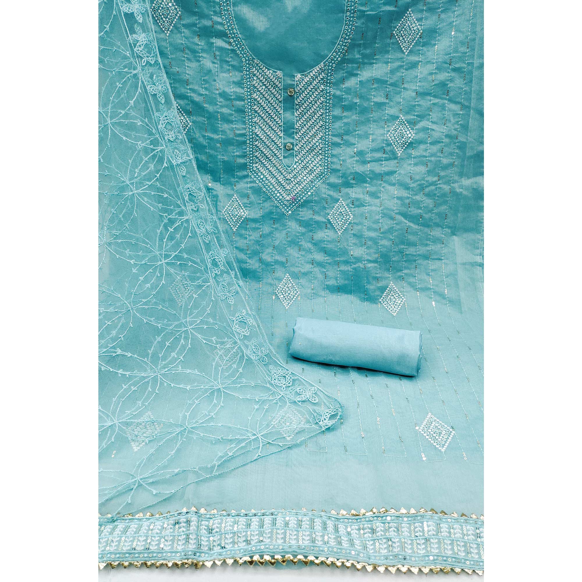 Blue Sequins Embroidered Chanderi Dress Material