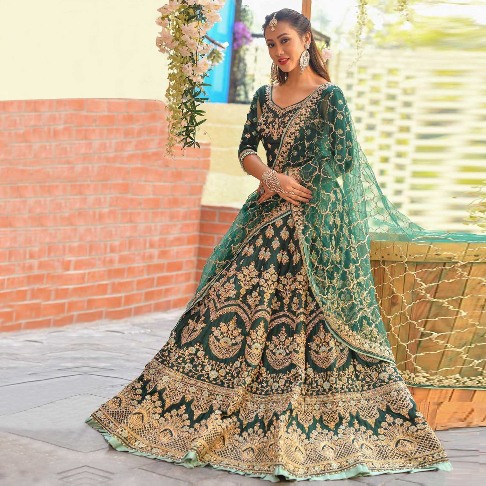 Green Floral Embroidered Pure Silk Lehenga Choli