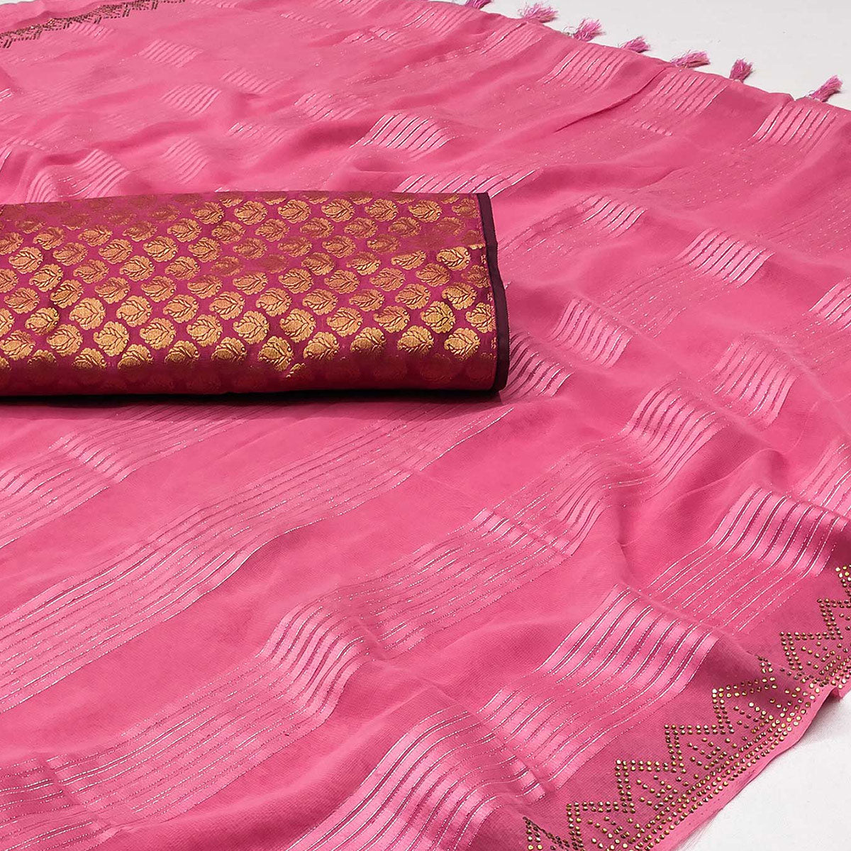 Pink Striped With Stone Work Georgette Saree - Image 2
