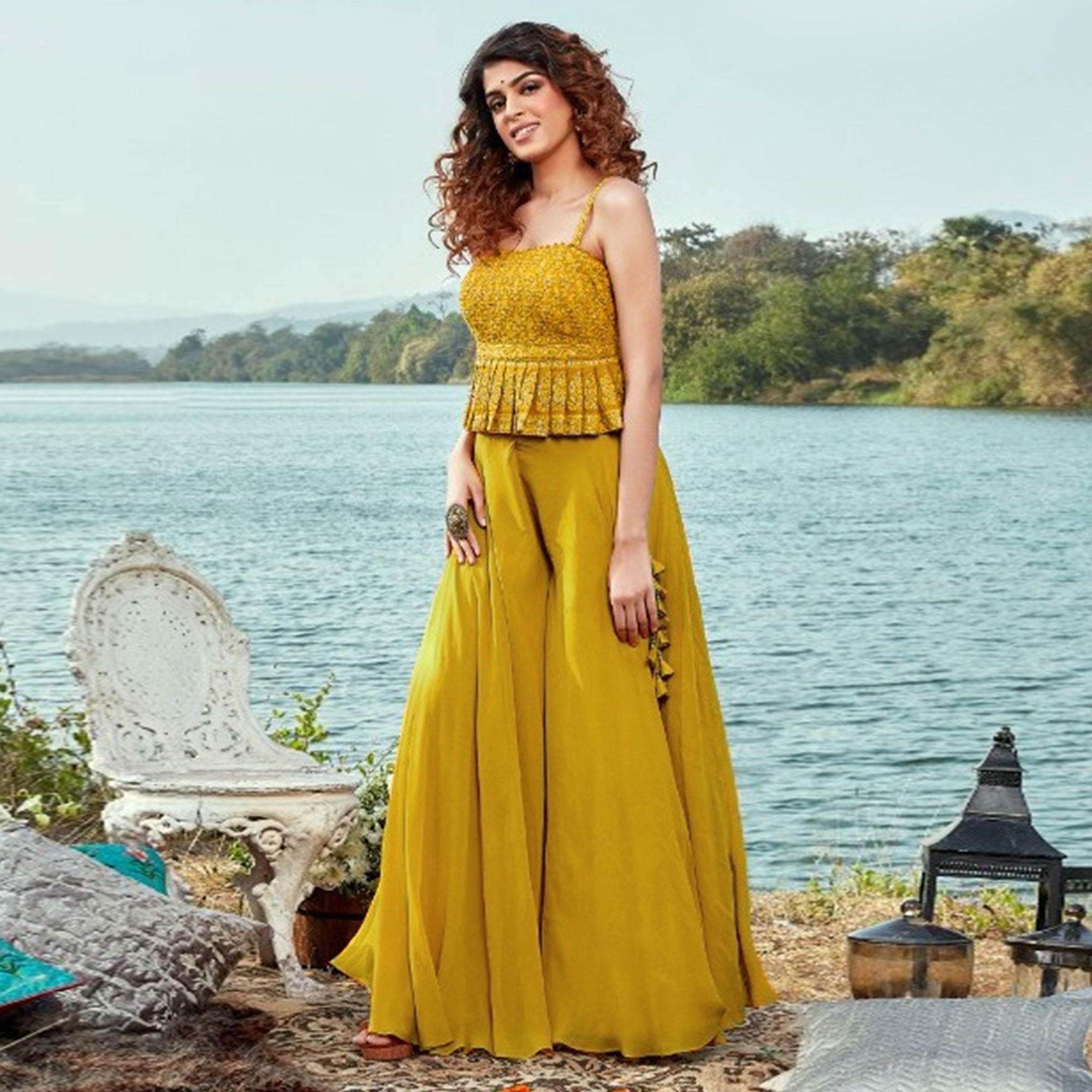 Yellow Embroidered Georgette Palazzo Suit