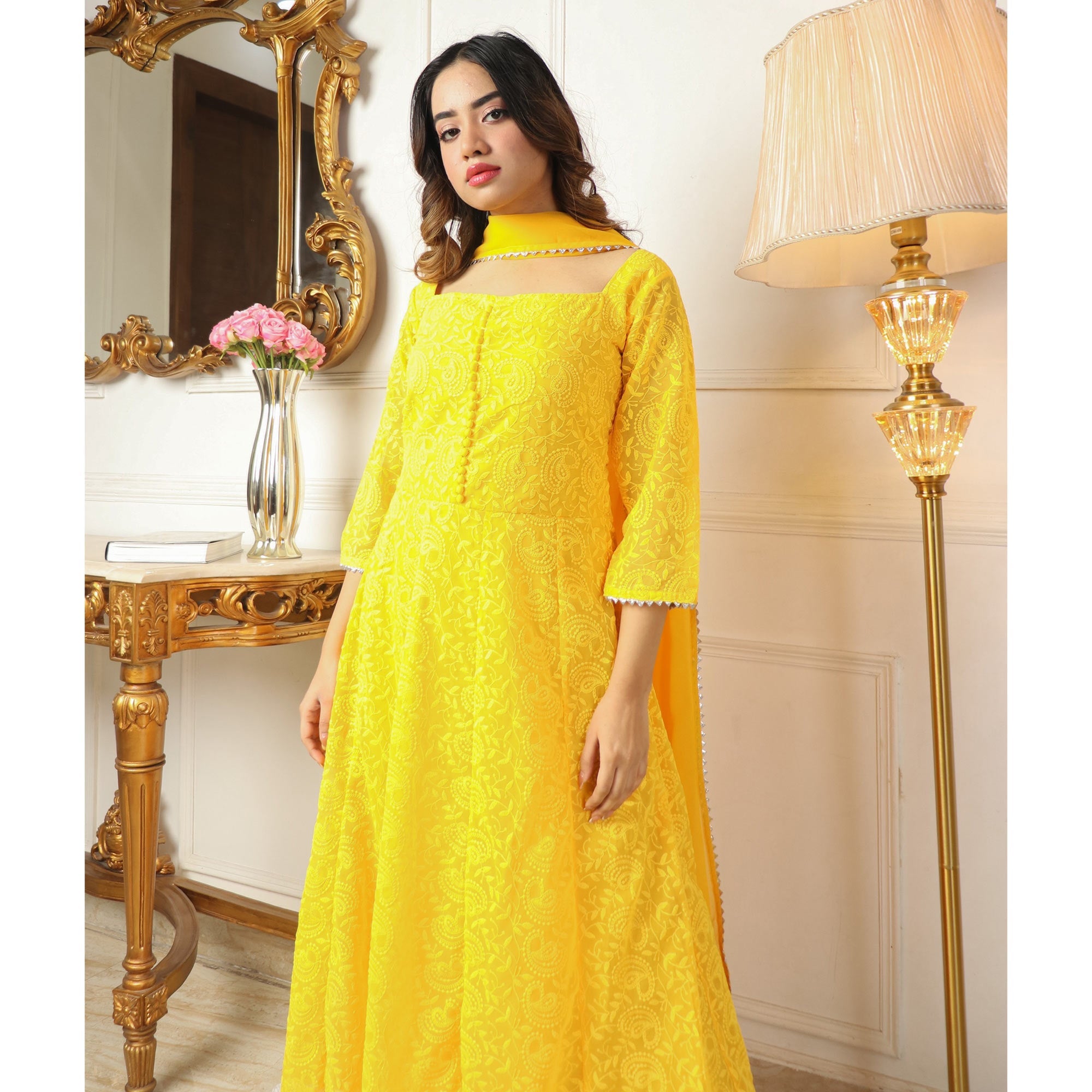 Yellow Chikankari Work Georgette Anarkali Suit - Image 9
