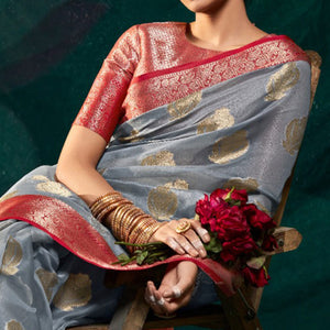 Grey Floral Woven Organza Saree