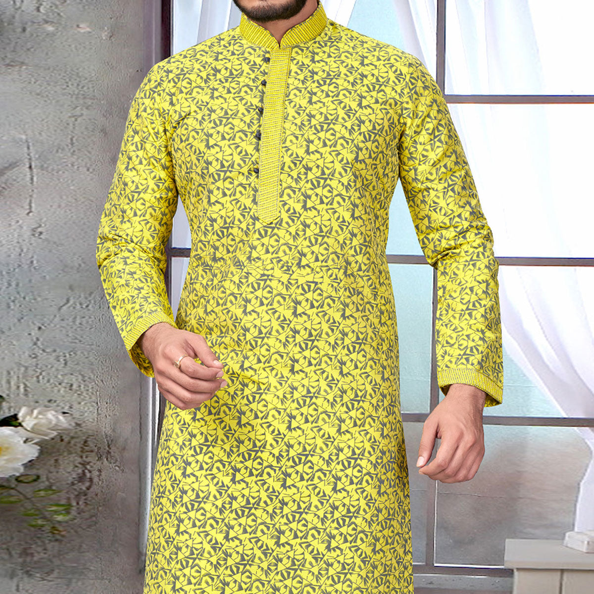 Yellow Printed Jacquard Kurta Pyjama Set - Image 3