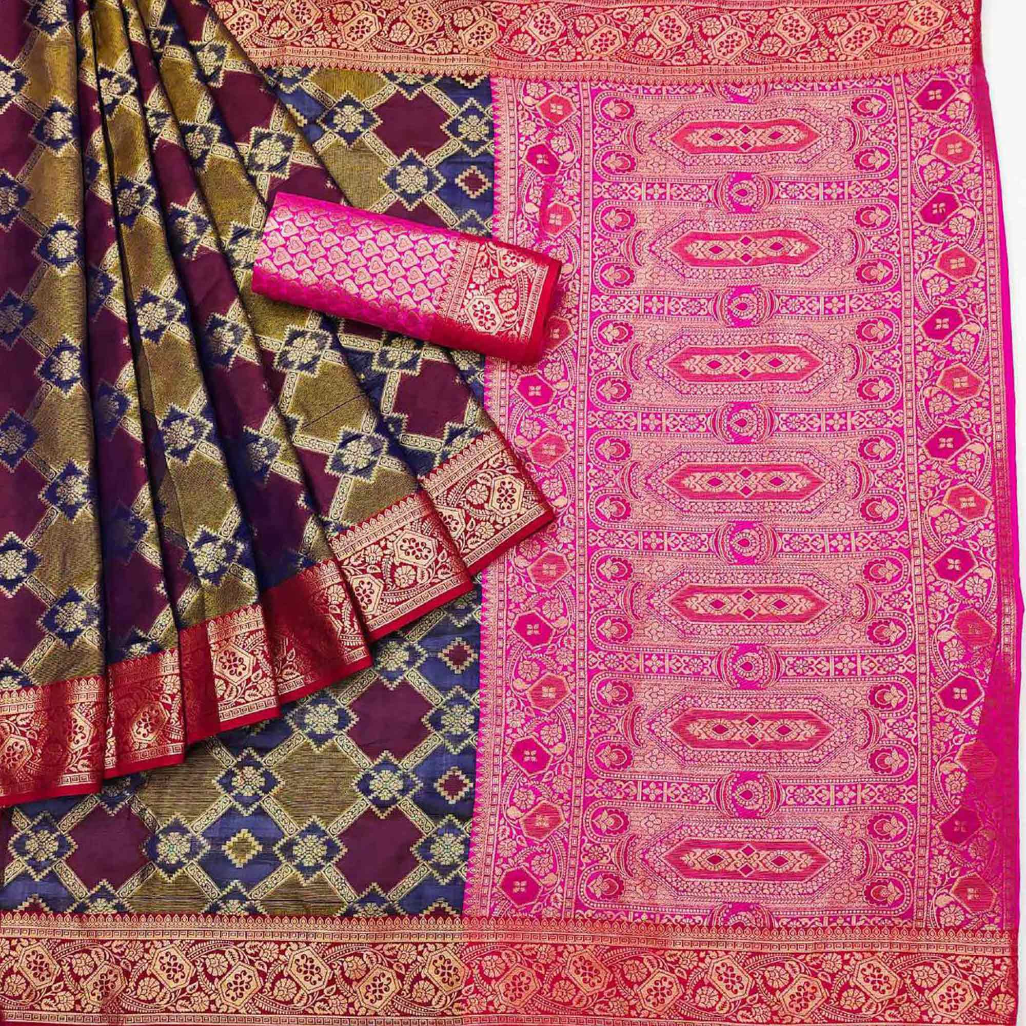 Multicolor Pink Woven Cotton Silk Saree