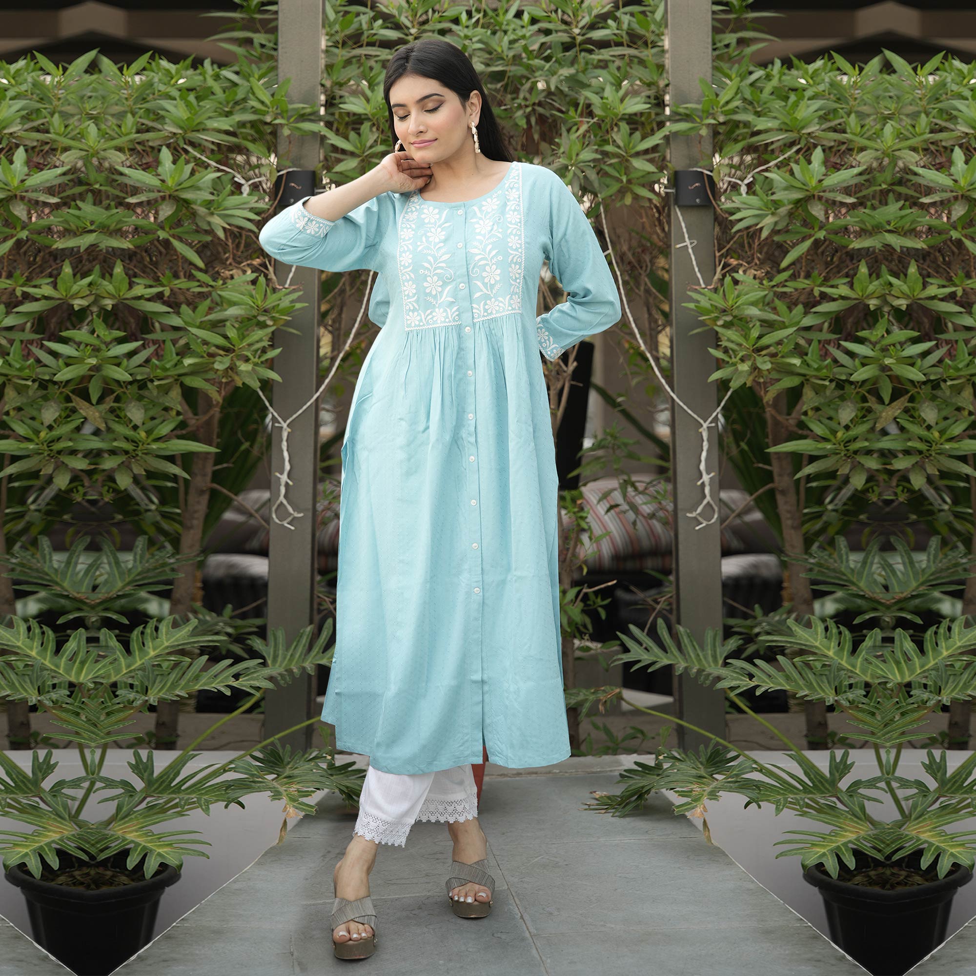 Blue Floral Embroidered Rayon Kurti