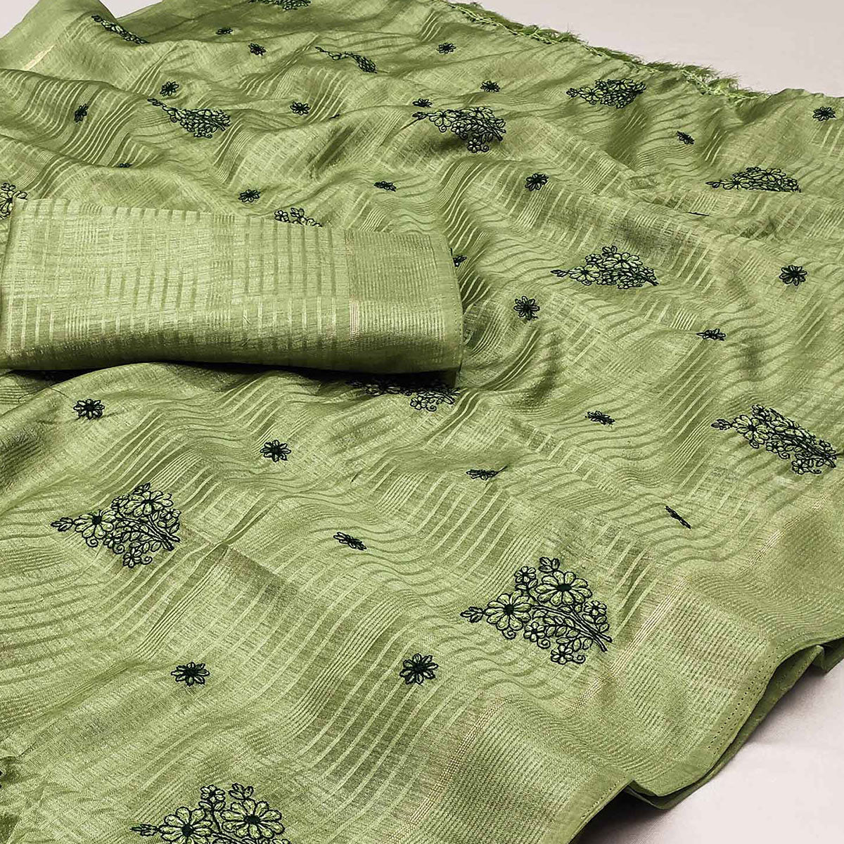 Green Floral Embroidered Art Silk Saree